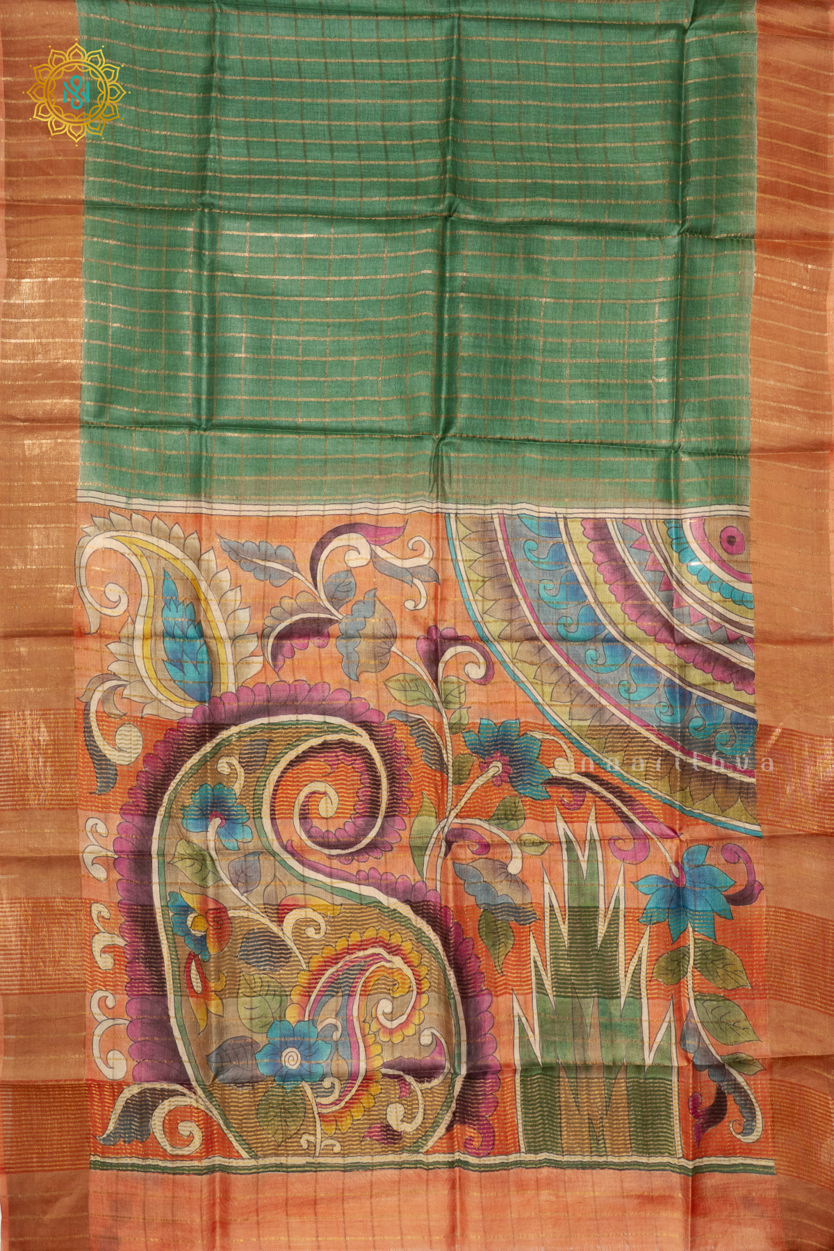 GREEN WITH PEACH - PURE TUSSAR SILK