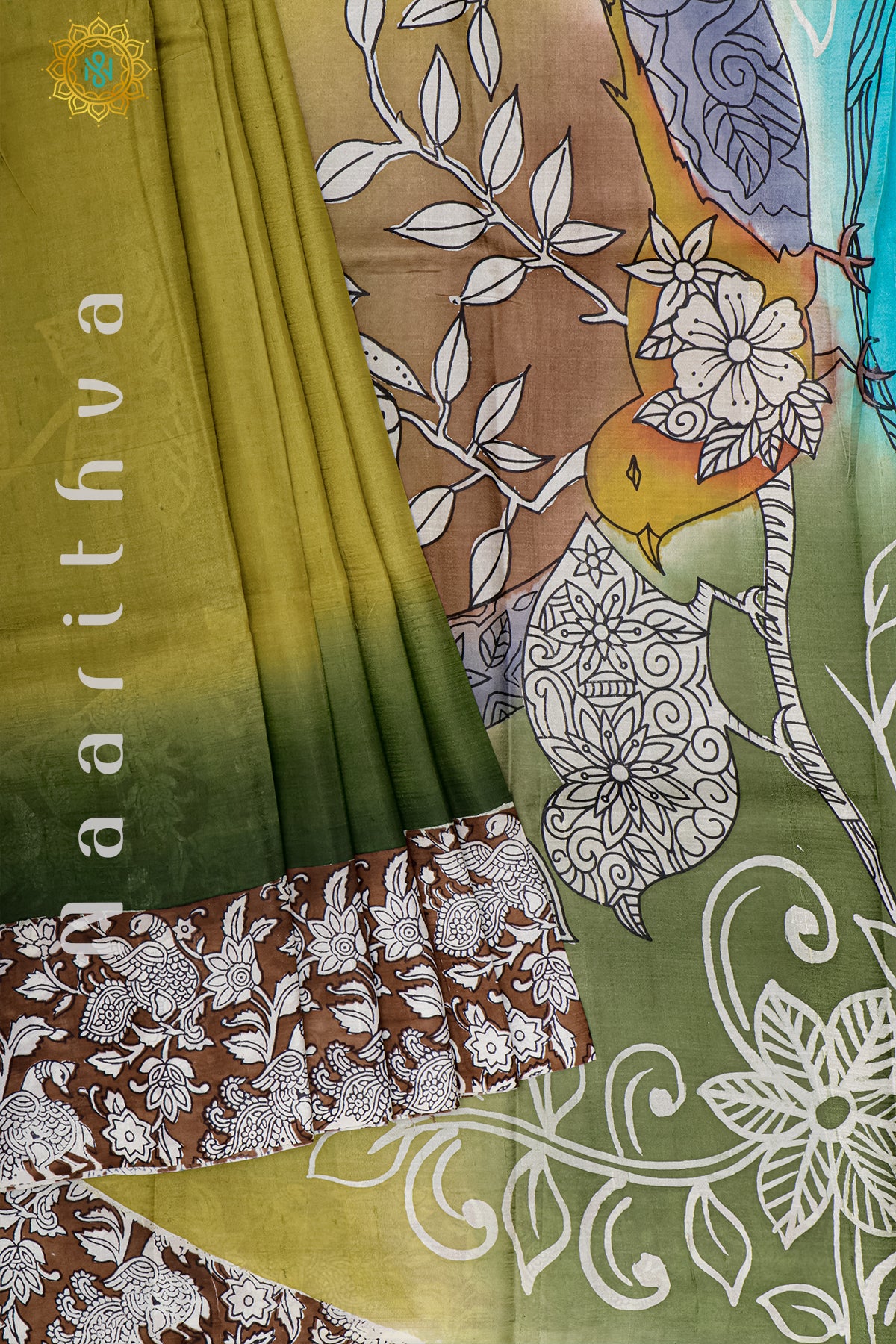 GREEN WITH BROWN - PURE MULBERRY SILK