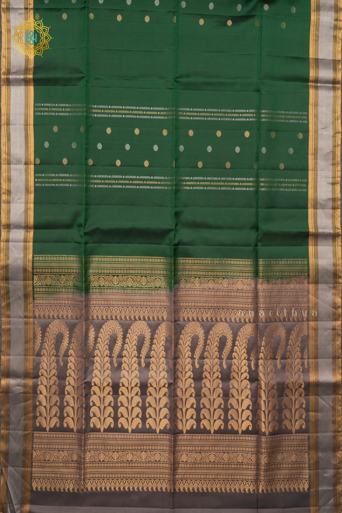 BOTTLE GREEN WITH GREY - KANJIVARAM PURE MIX SOFT SILK