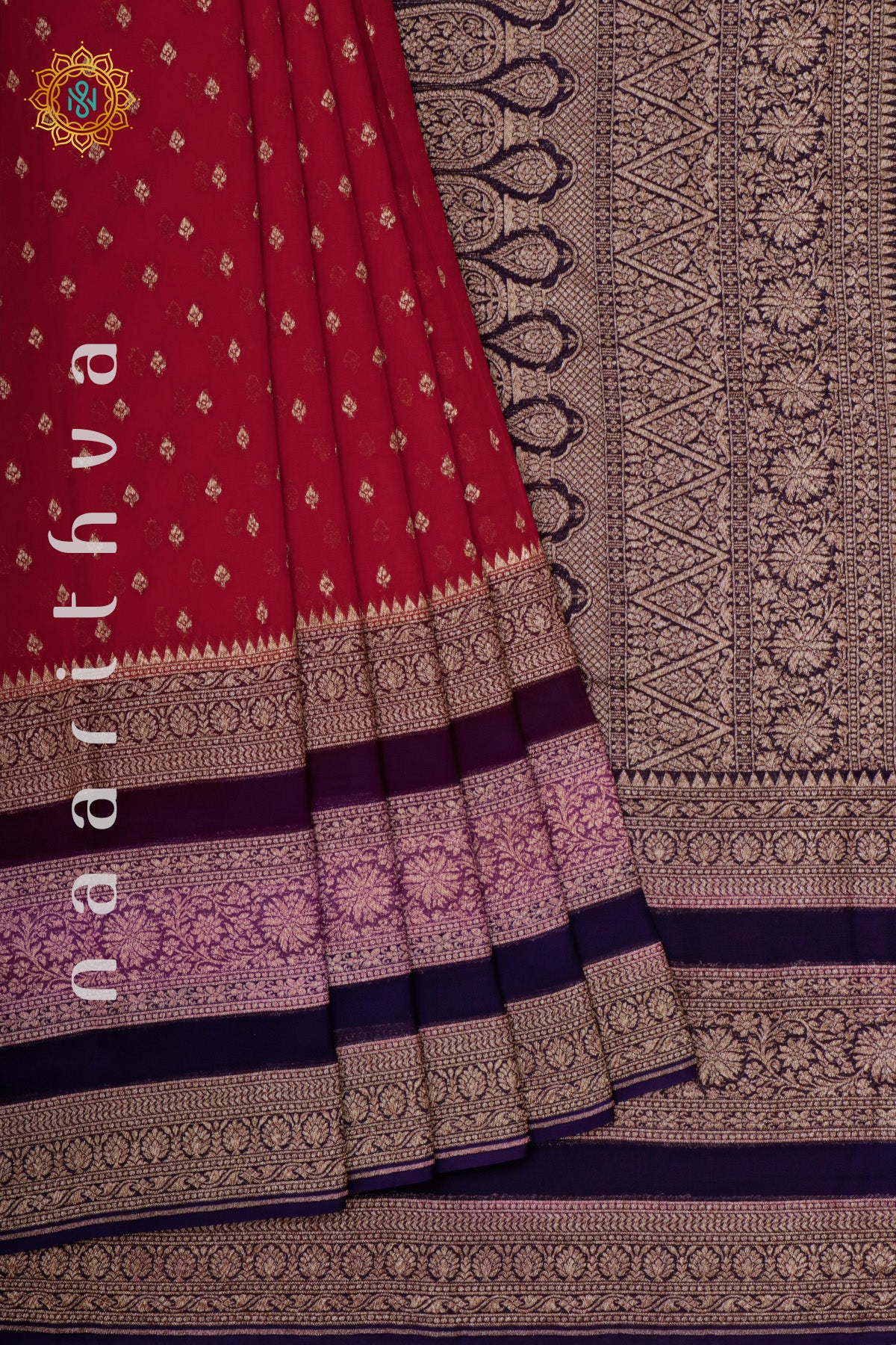 RED WITH PURPLE, PINK & NAVY BLUE - PURE HANDLOOM KHADDI GEORGETTE BANARAS