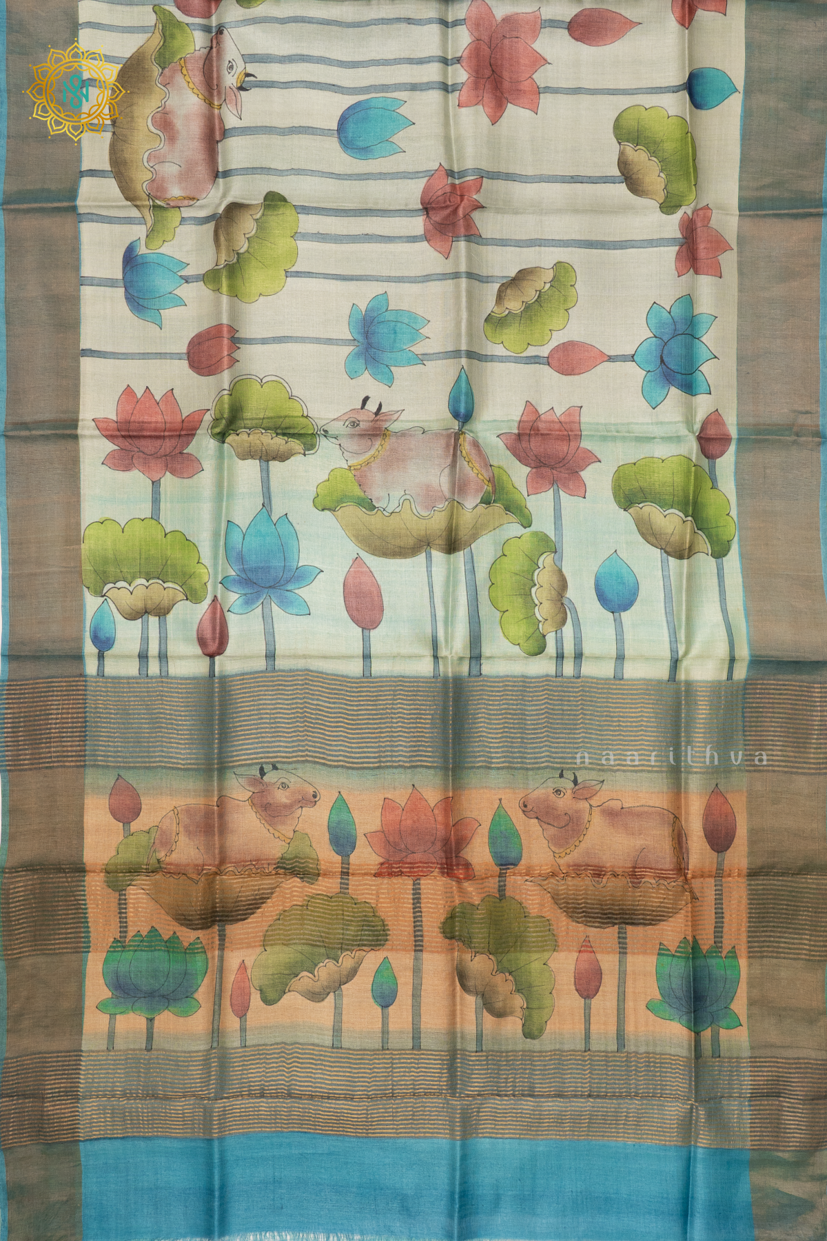 AQUA BLUE WITH SKY BLUE - PURE TUSSAR SILK