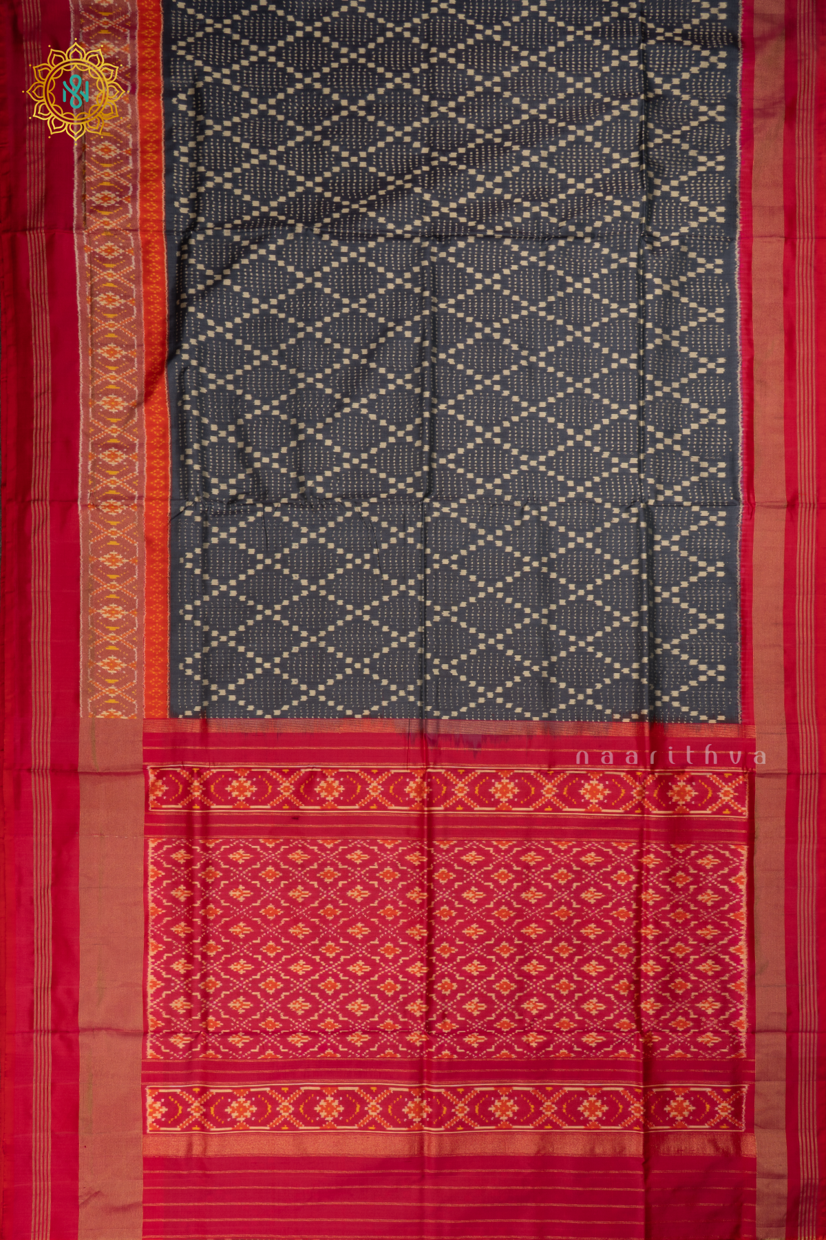 Grey with Pink Ikkat Pure Silk Saree with Patola Printed Body and Zari Border