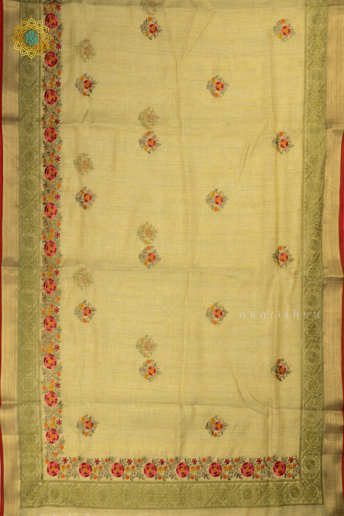 Light Green - Linen Tissue Saree Allover Thread Work Buttas with Tissue Border