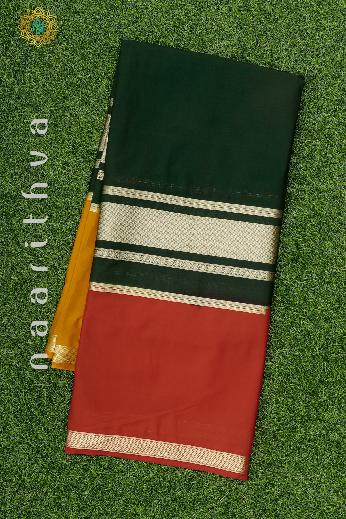 YELLOW WITH GREEN & RED - SEMI MYSORE CREPE SILK