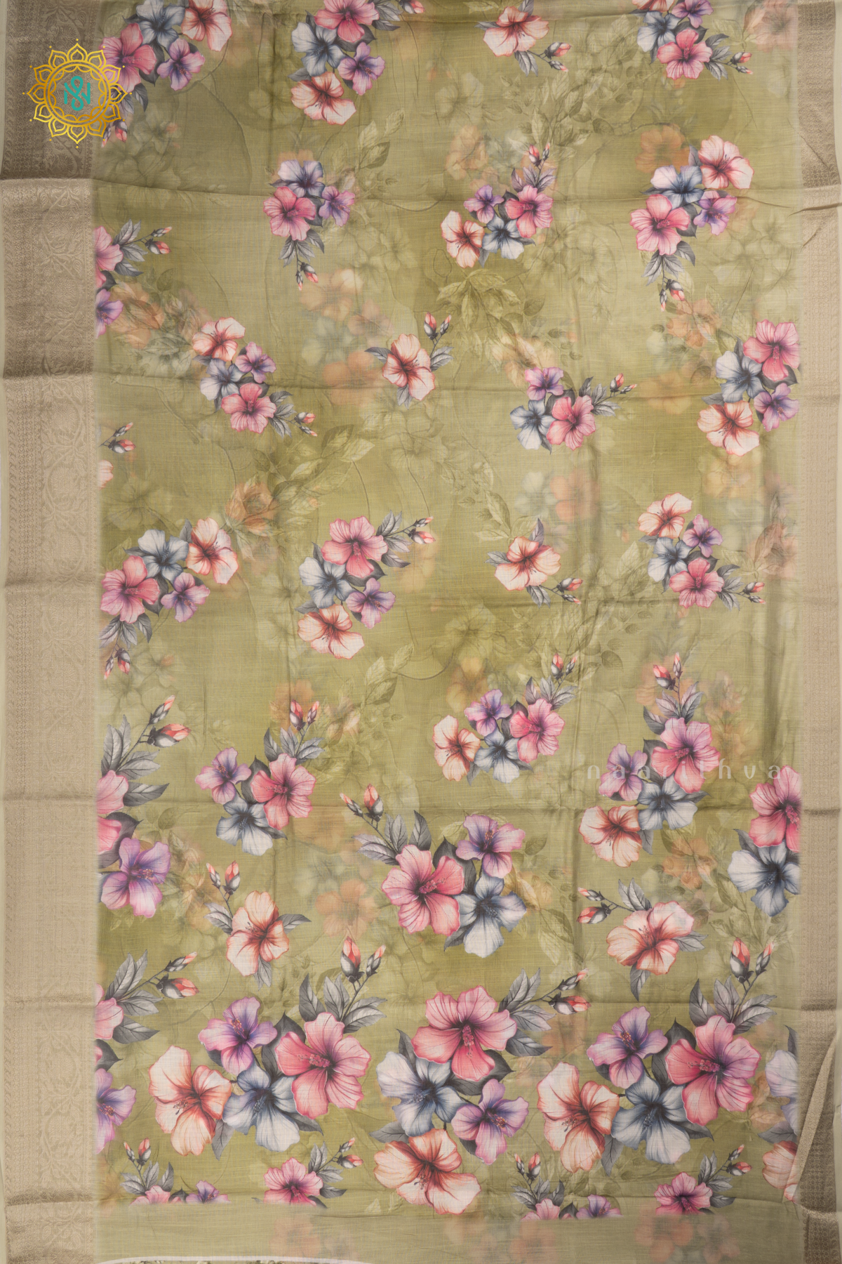 Light Olive Green Linen by Cotton Saree with Floral Printed Body and Zari Border