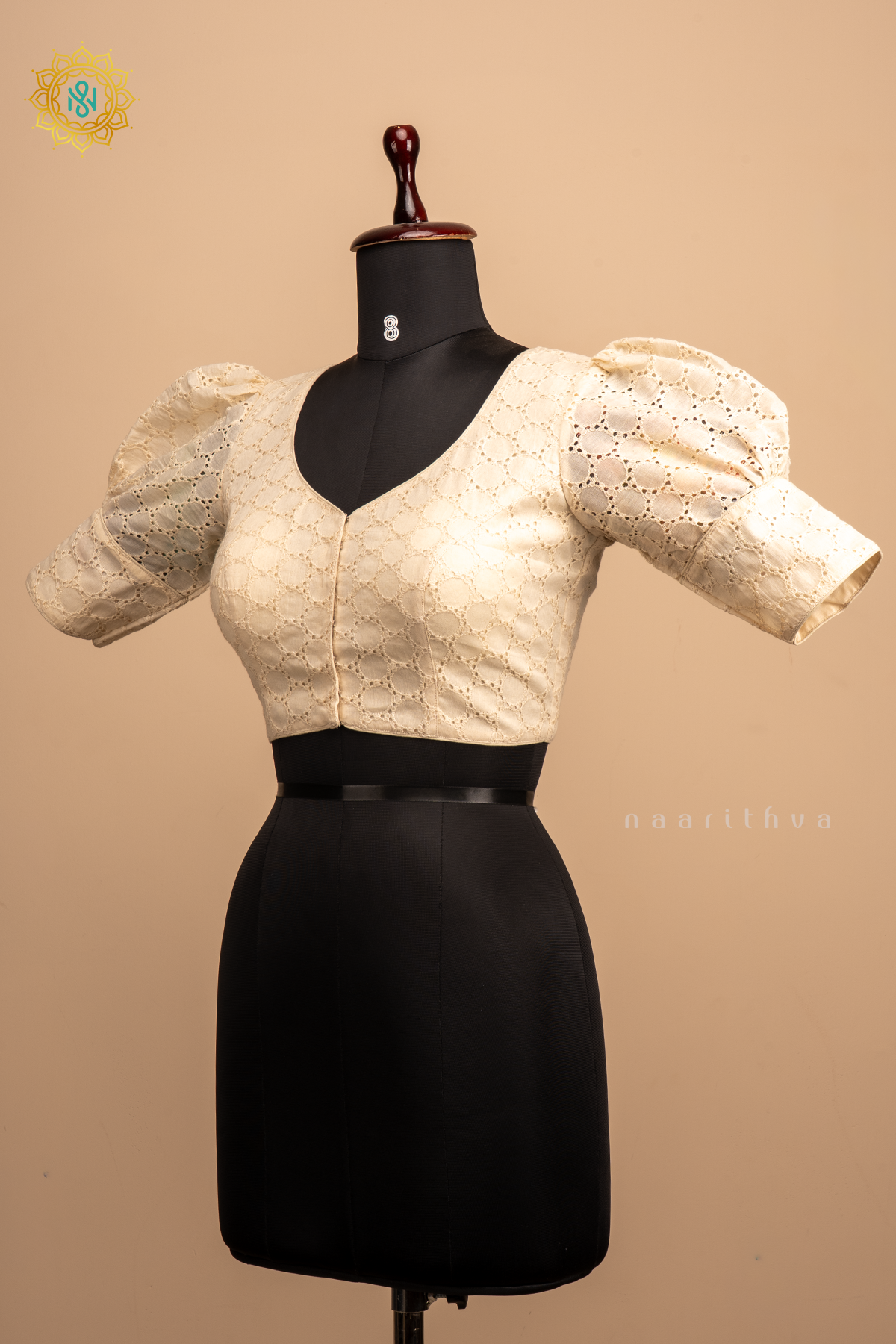 Off white - Cotton readymade blouse with hakoba work and puff sleeves