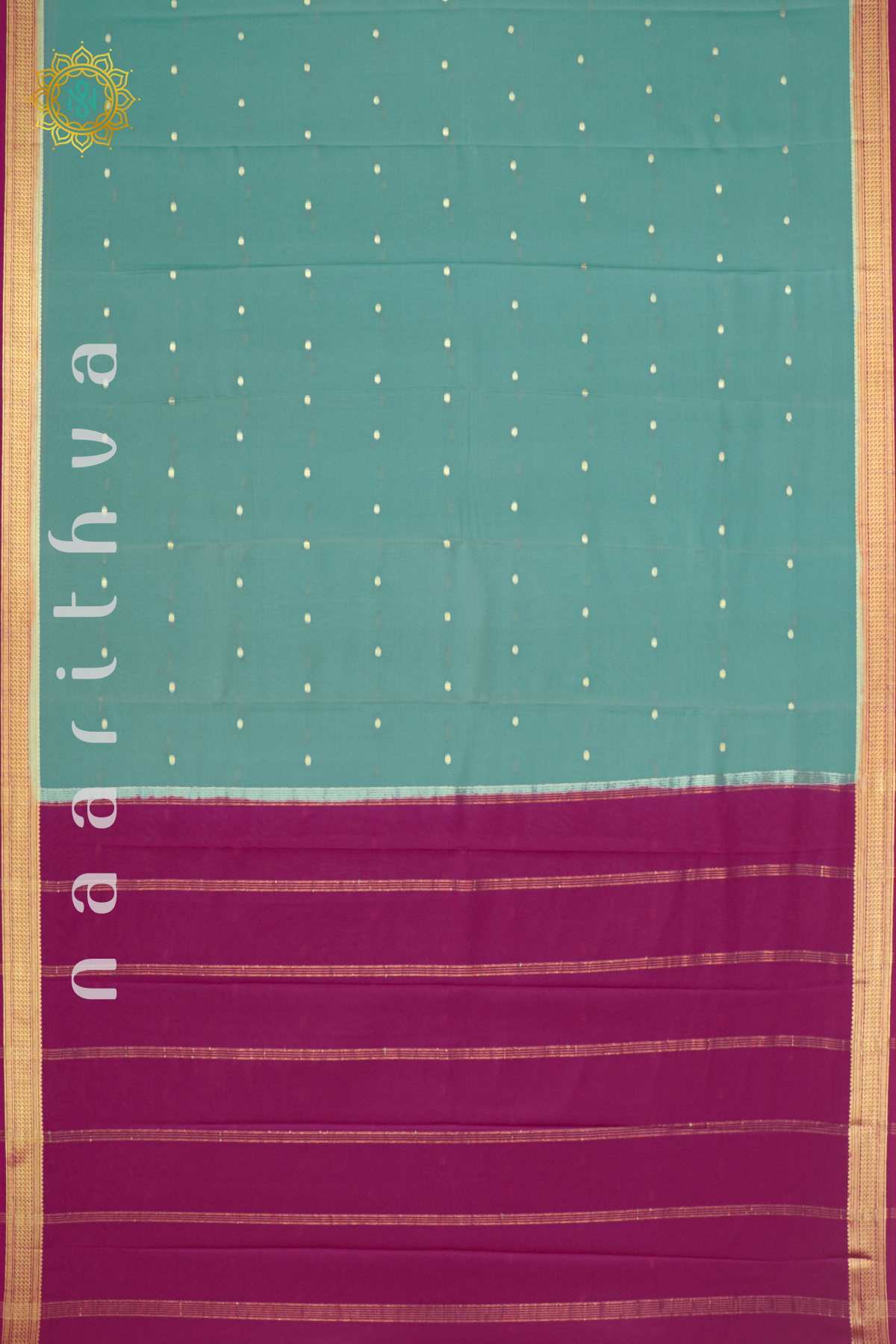 AQUA GREEN WITH PINK - PURE MYSORE CREPE SILK