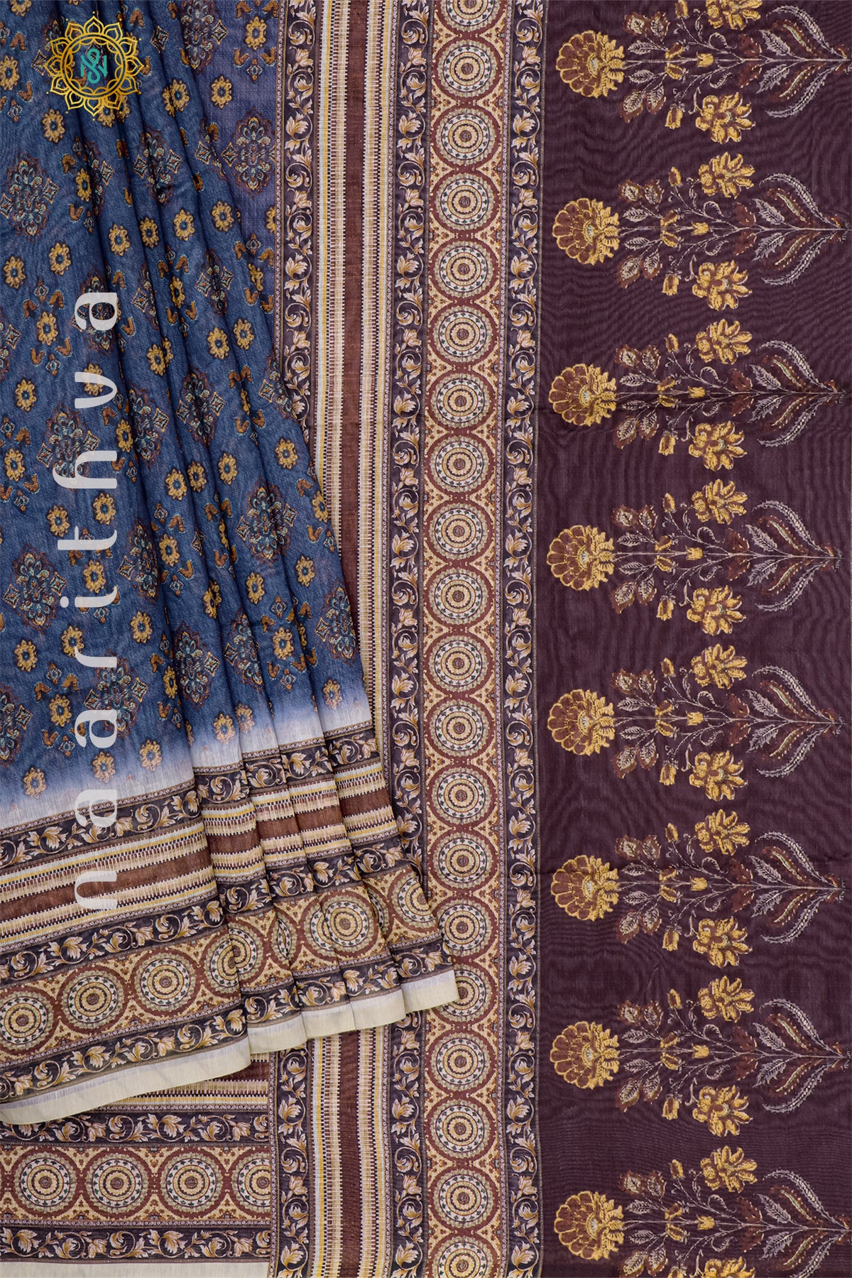 BLUE WITH WINE - CHANDERI SILK COTTON