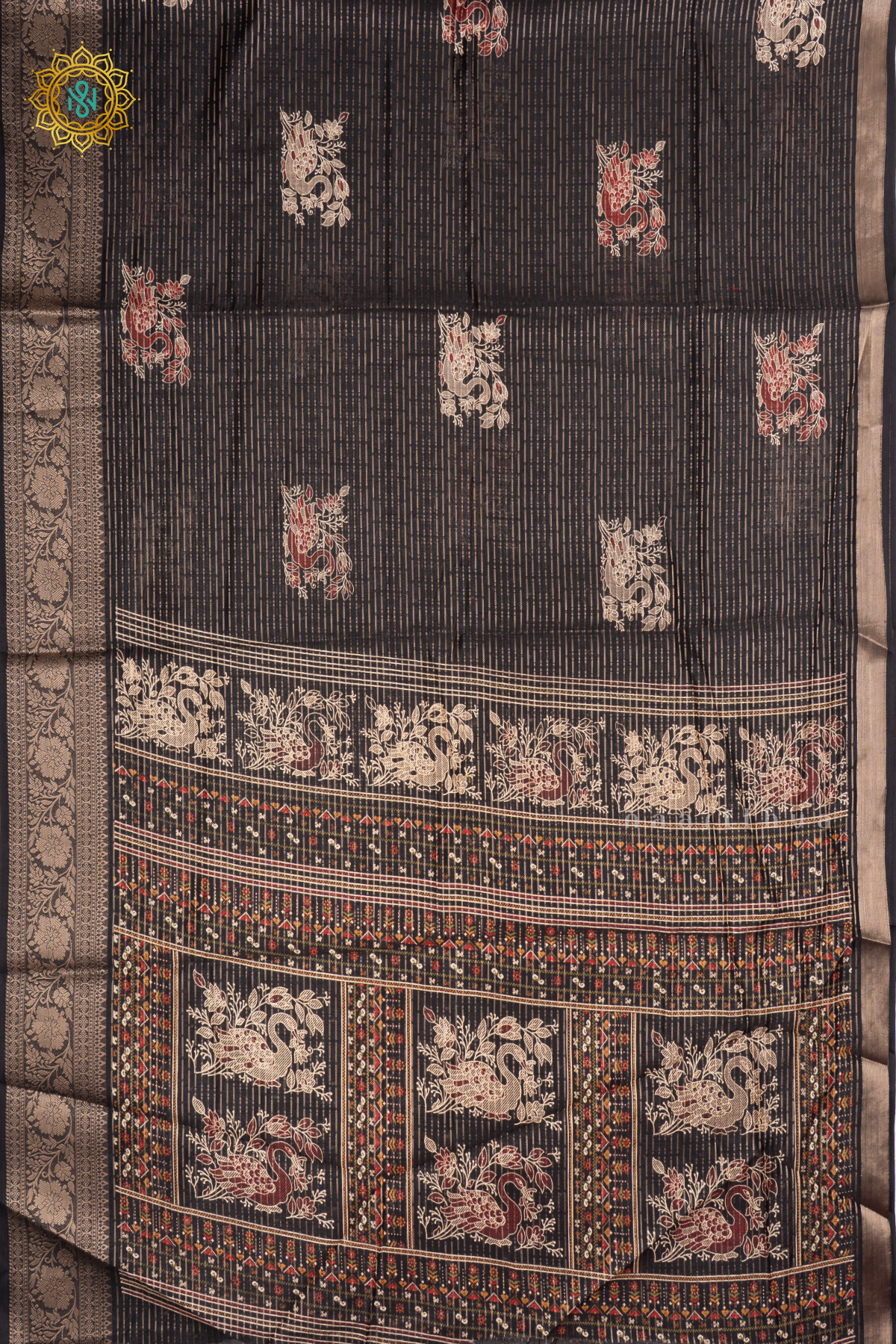 BLACK - DOLA SILK SAREE ALLOVER PRINTED BUTTAS AND ZARI STRIPES WITH ZARI BORDER