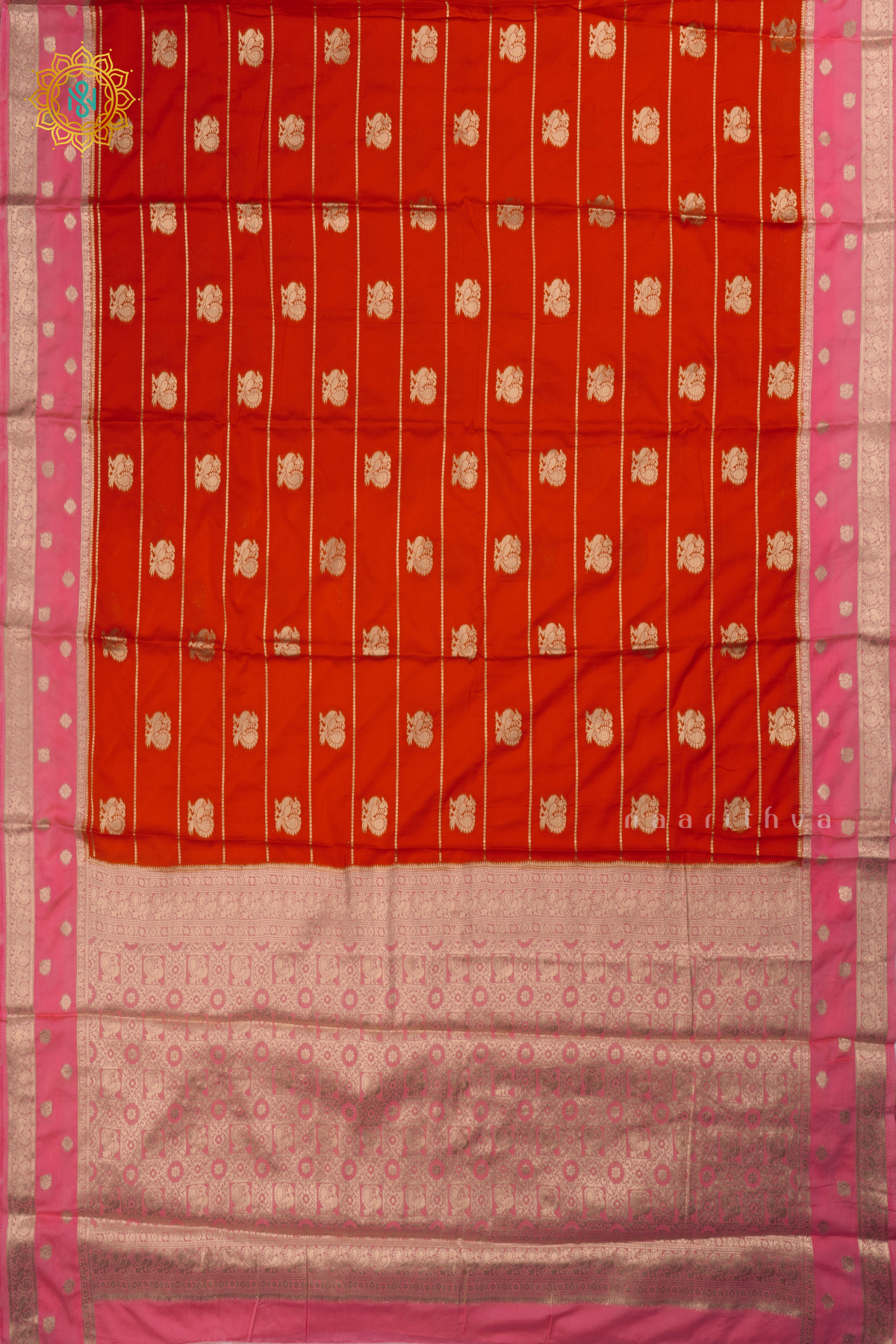 Orange with Light Pink Semi Mysore Crepe Silk Saree with All-Over Zari Stripes and Zari Buttas on the Body and a Contrast Zari Border