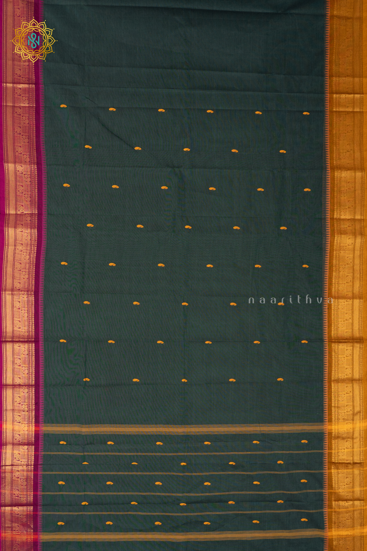 BOTTLE GREEN WITH MUSTARD & MAGENTA - CHETTINAD COTTON