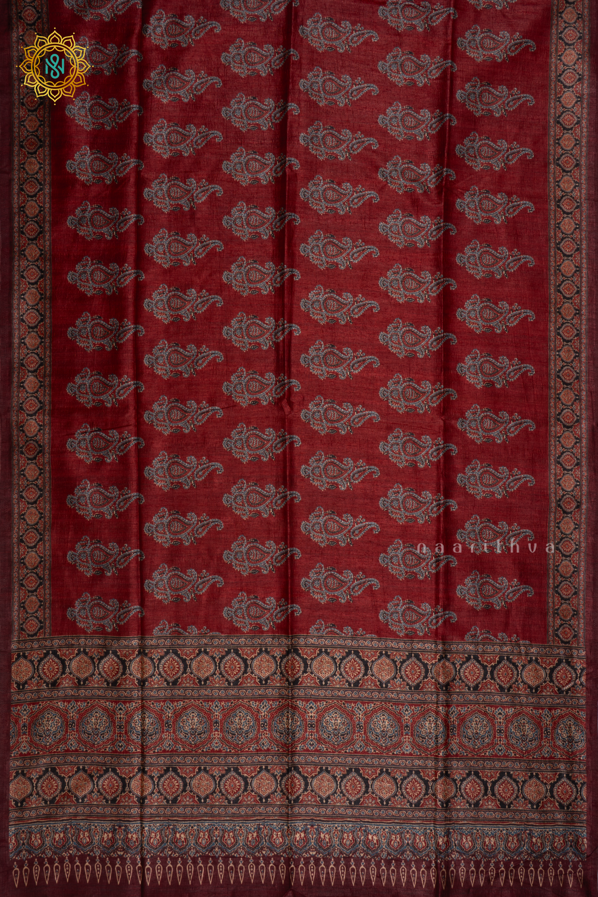 RED - SEMI TUSSAR SILK WITH PRINTED BODY AND AJRAKH PRINTED PALLU