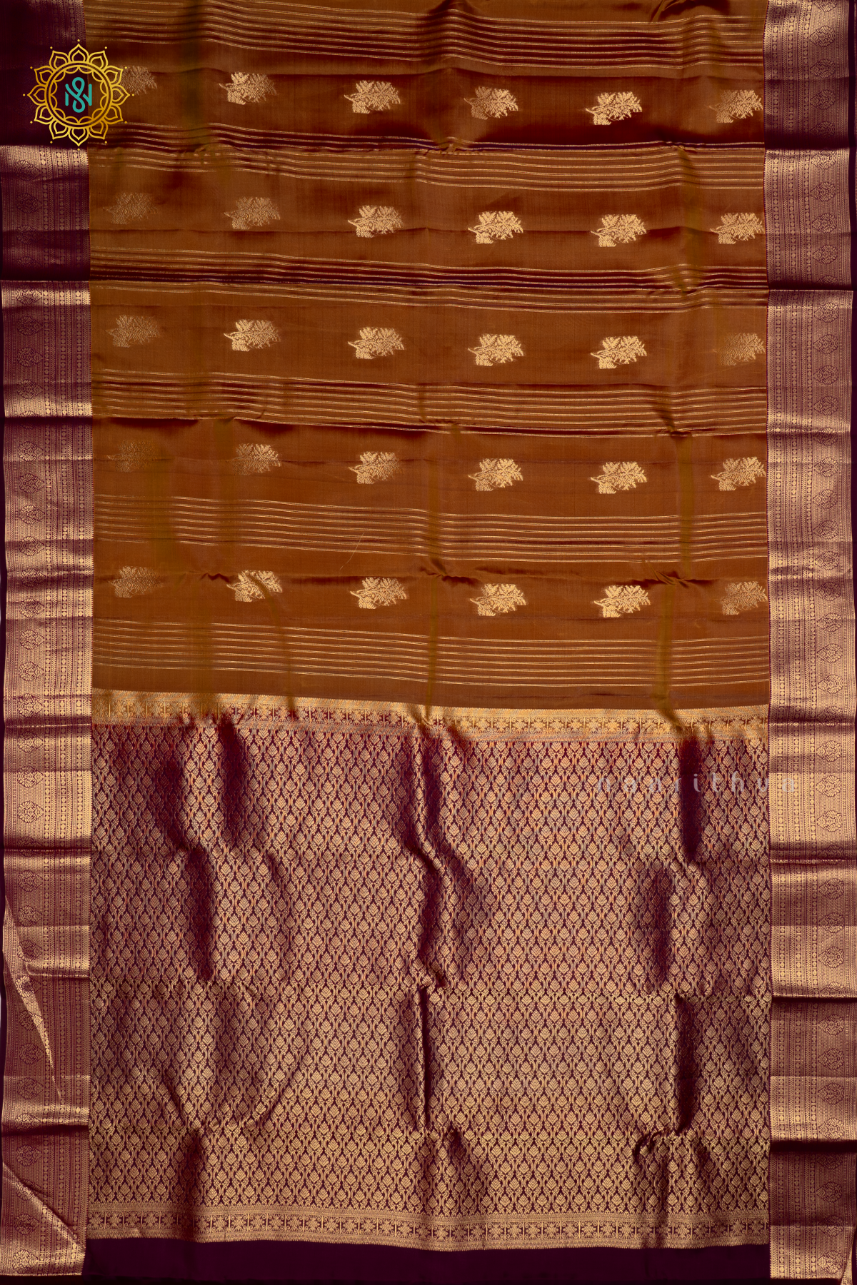 Mustard with Wine Pure Mix Kanjivaram Silk Saree with Zari Woven Stripes, Buttas and Zari Woven Contrast Border