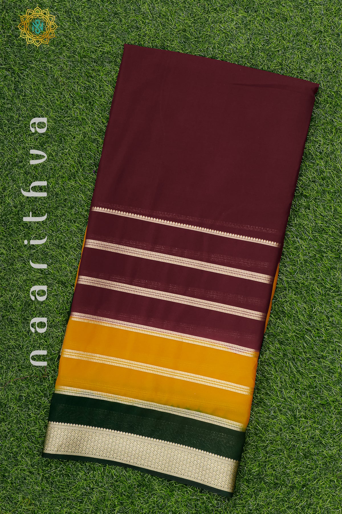 MAROON WITH YELLOW & GREEN - SEMI MYSORE CREPE SILk