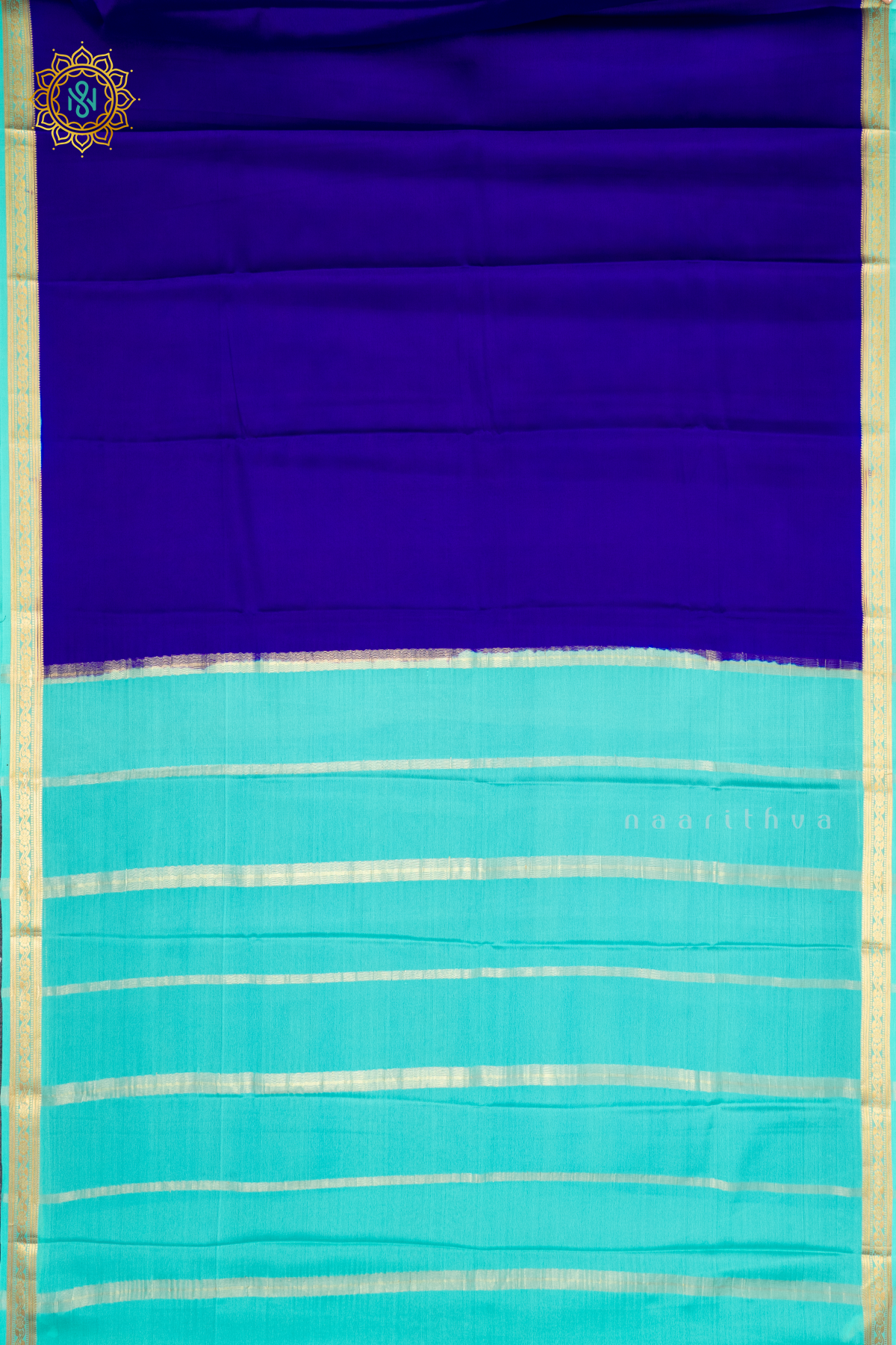 ROYAL BLUE WITH AQUA GREEN - PURE MYSORE CREPE SILK