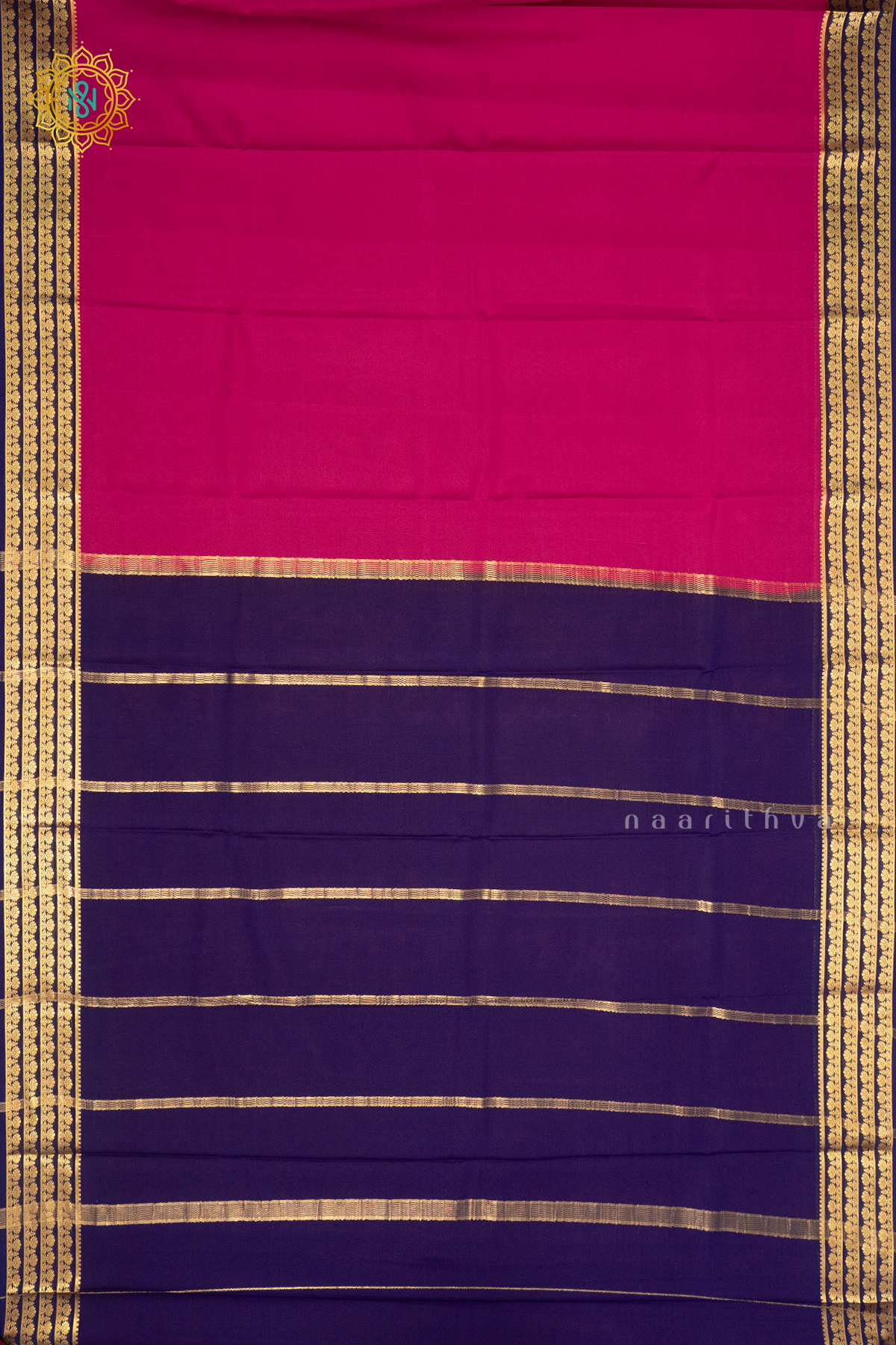 PINK WITH NAVY BLUE - PURE MYSORE CREPE SILK