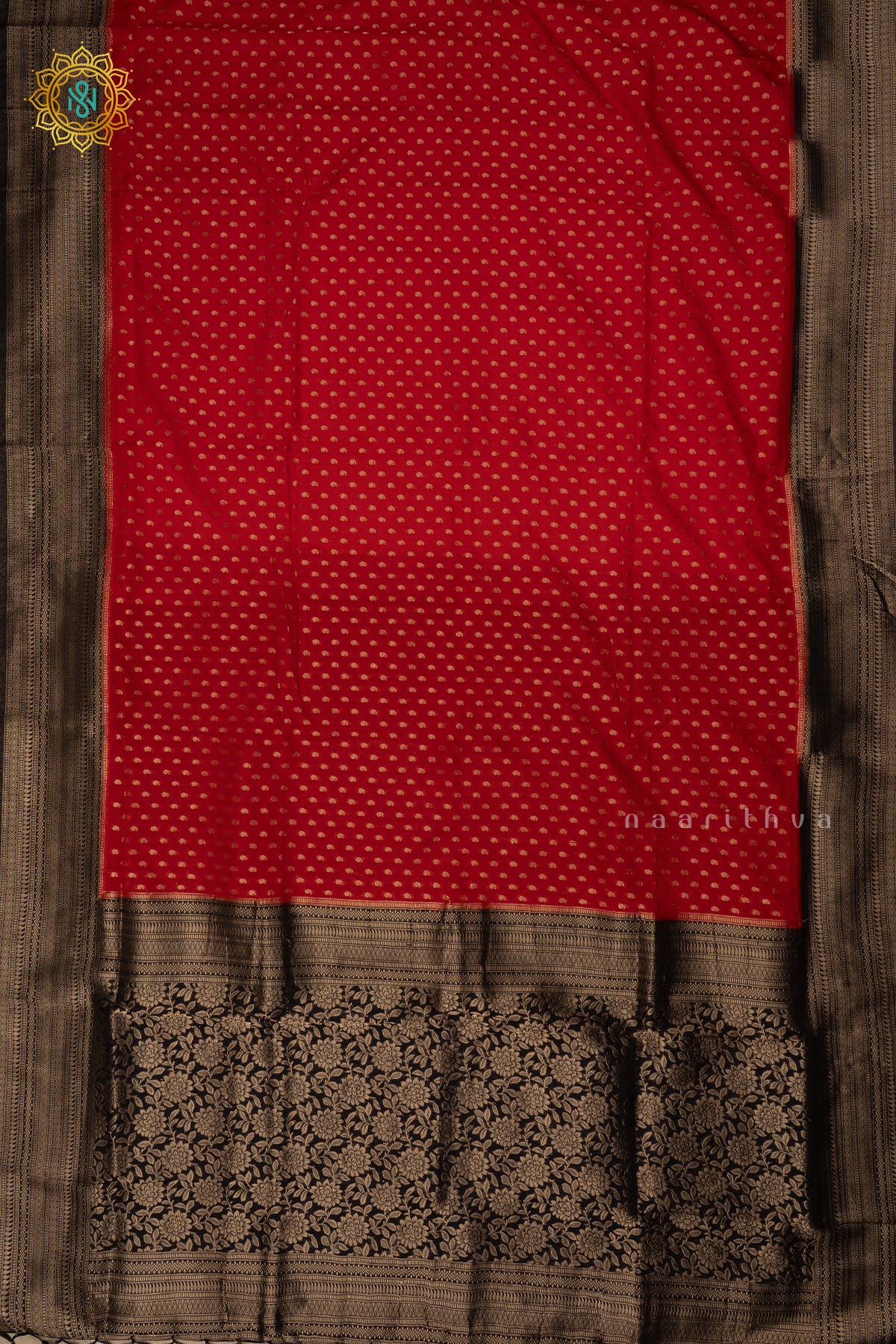 Red with Black Semi-Crepe Georgette Saree with Zari Buttas on the Body and a Contrast Zari Border