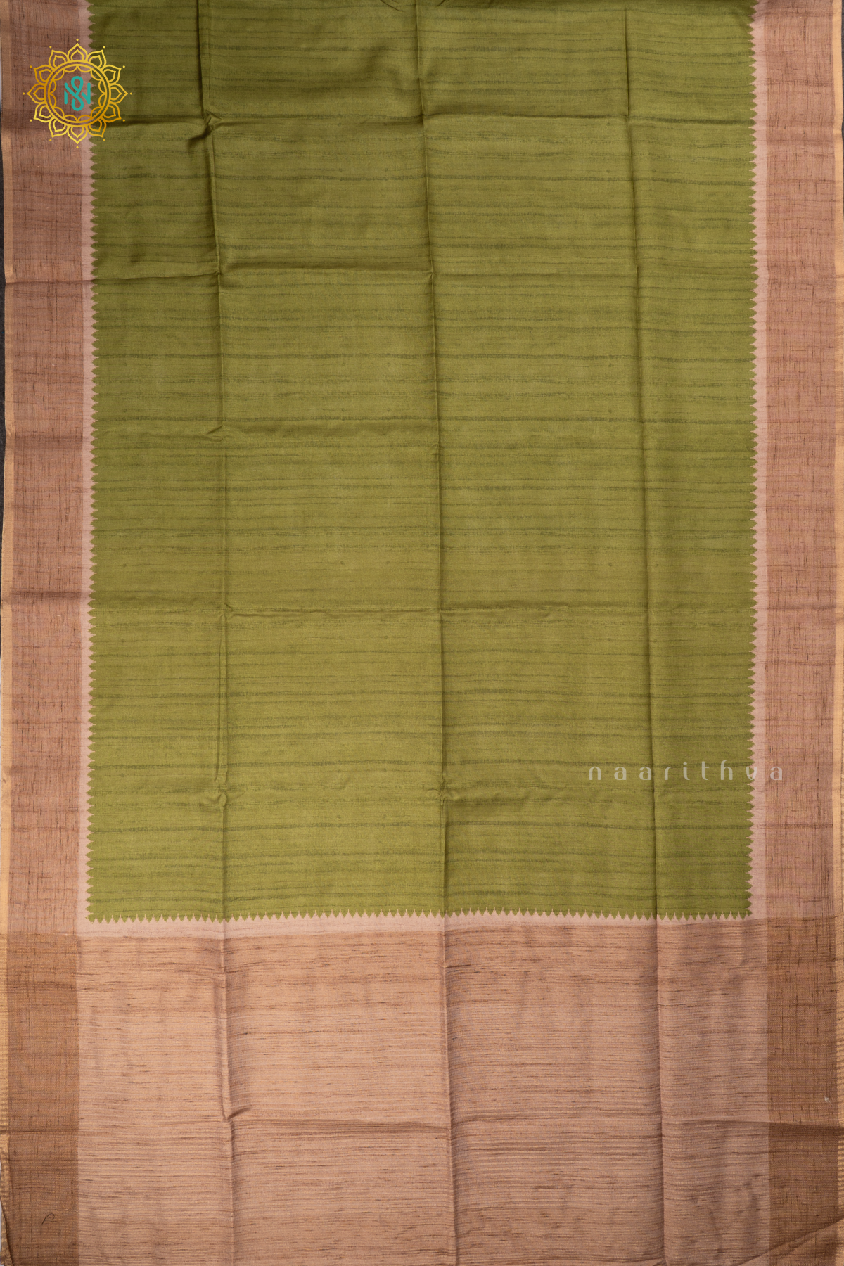 Green with Beige - Semi Tussar Silk saree Allover Plain Body with Contrast Border, Pallu and Blouse