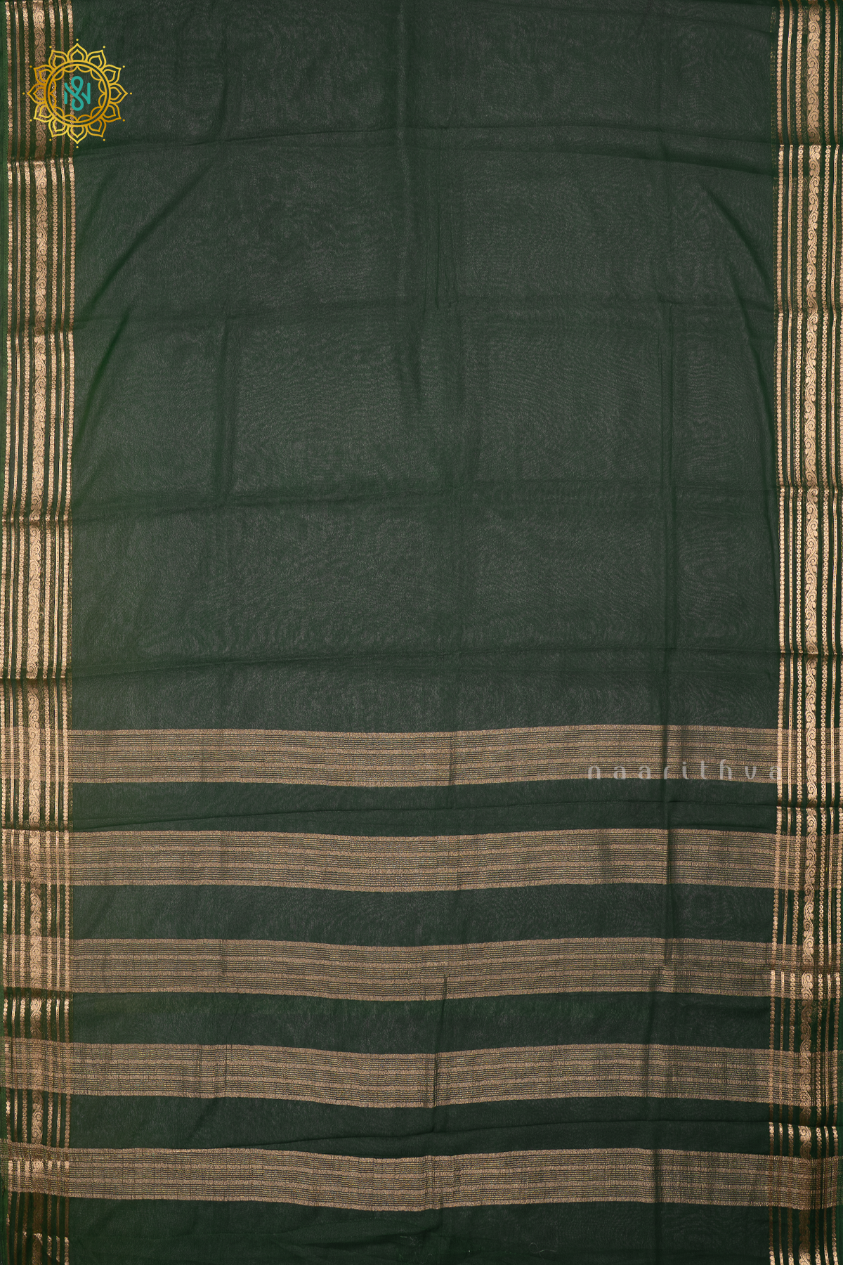 Bottle Green Semi Chiffon Georgette Saree With Plain Body And Zari Border