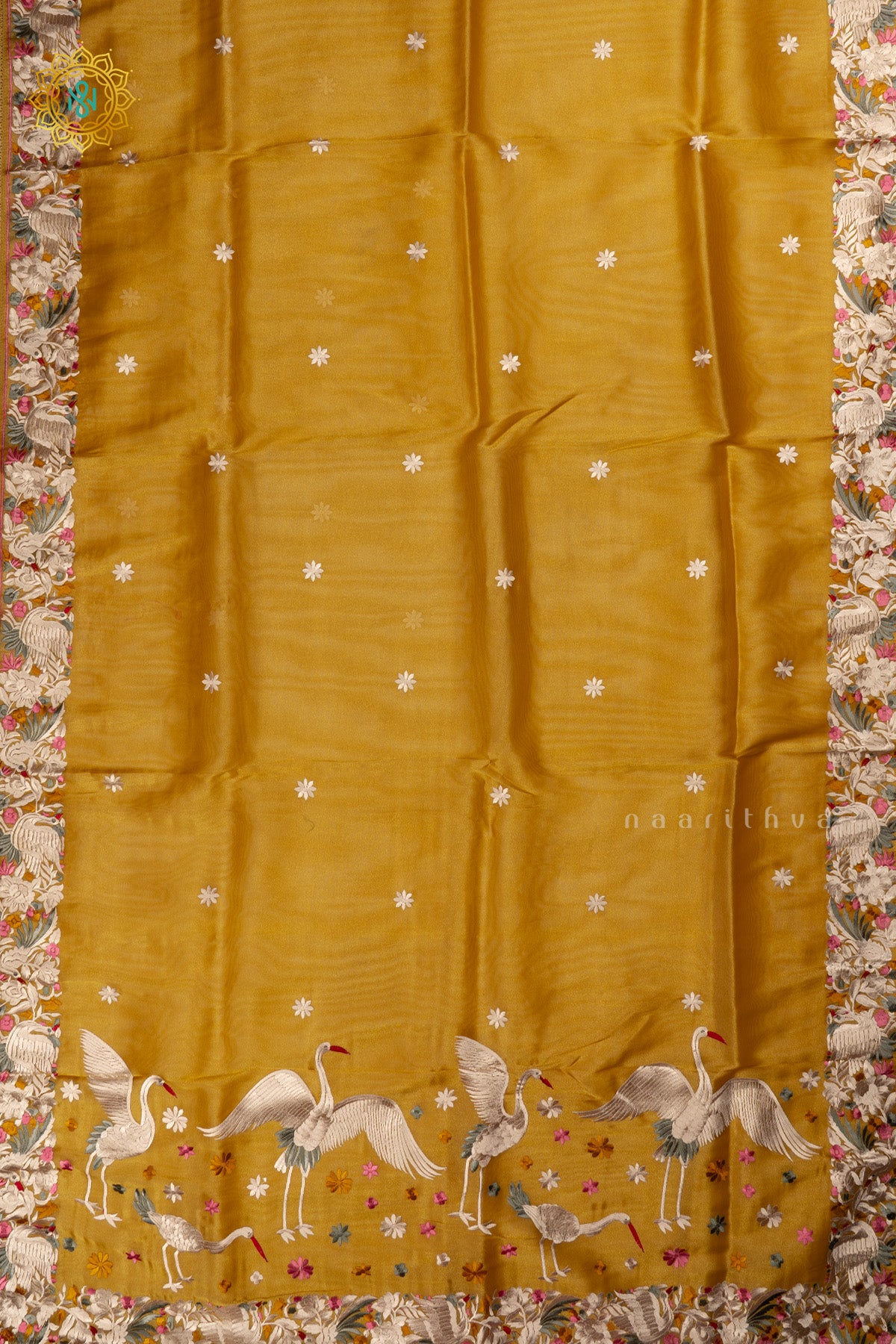 Mustard Yellow Tissue Organza Saree All Over Hand Embroidery Buttas with Hand Embroidery Border