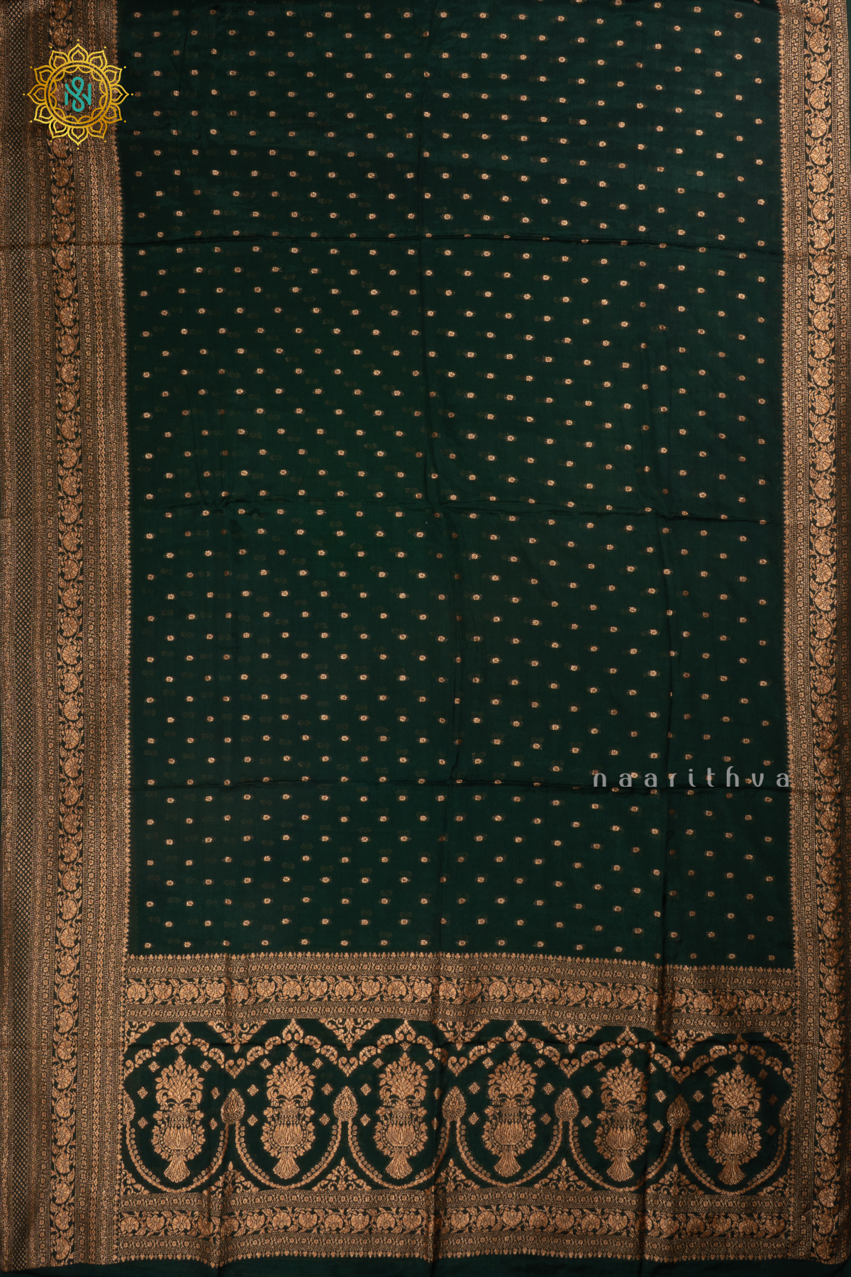 Botttle Green Semi Banarasi Crepe Silk Saree with All-Over Zari Buttas and a Zari Border
