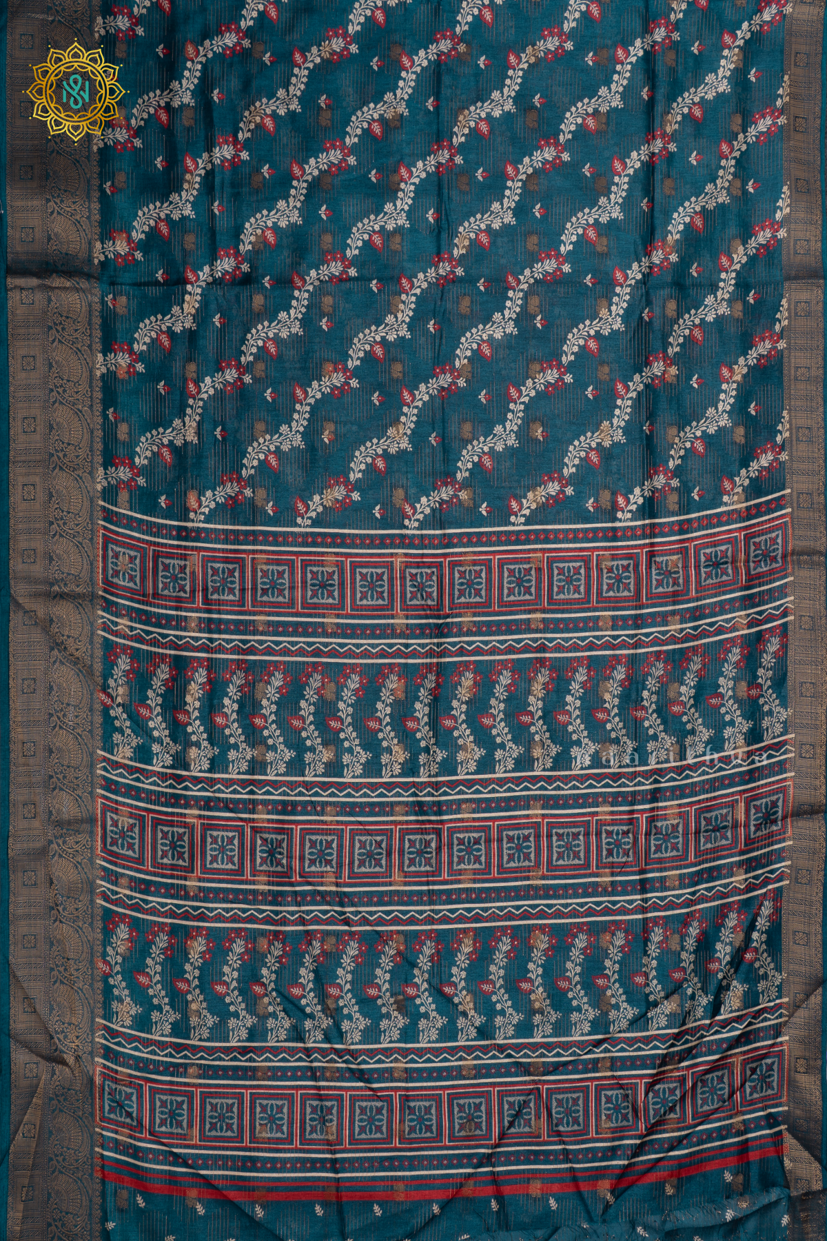 Peacock Blue Dola Silk Saree With Printed Body And Zari Border