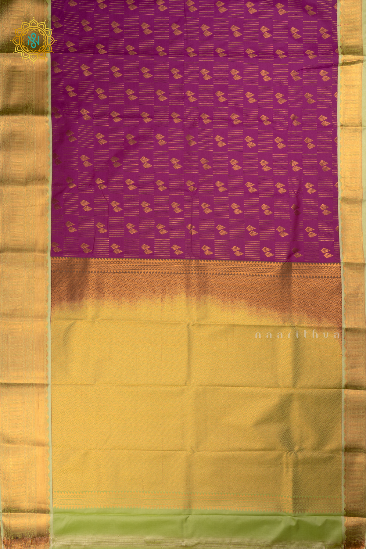 Purple with Pista Green Semi Kanchi Saree With Zari Buttas All Over And Contrast Zari Border
