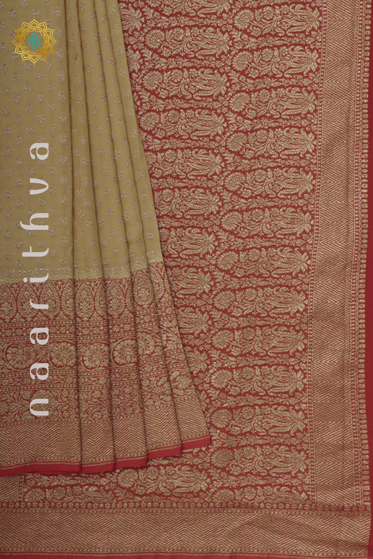 BEIGE WITH RED - PURE BANARASI KHADDI GEORGETTE