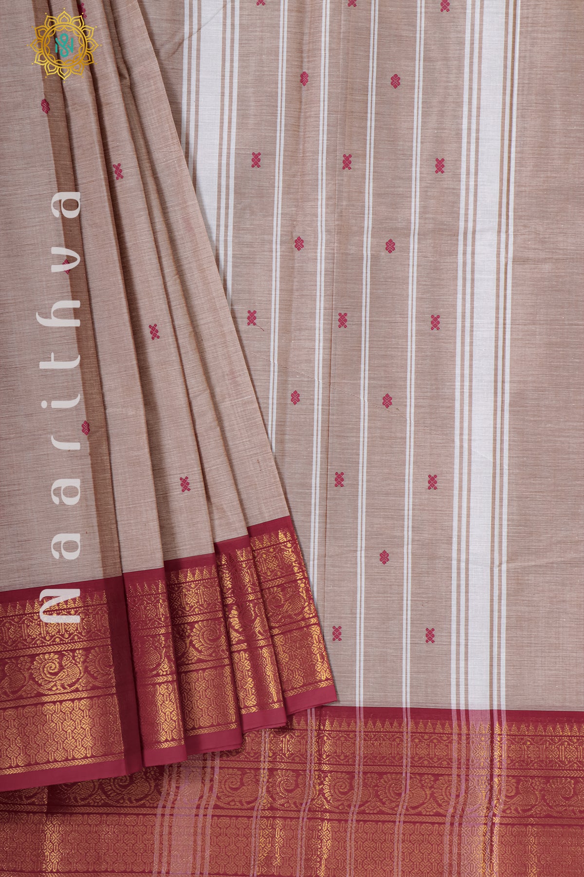 BEIGE WITH RED - CHETTINAD COTTON