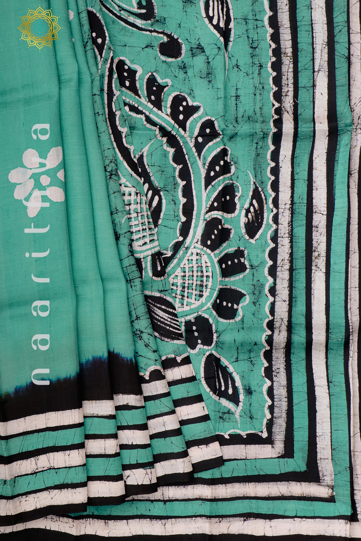 AQUA GREEN - PURE MULBERRY SILK WITH BLOCK PRINT