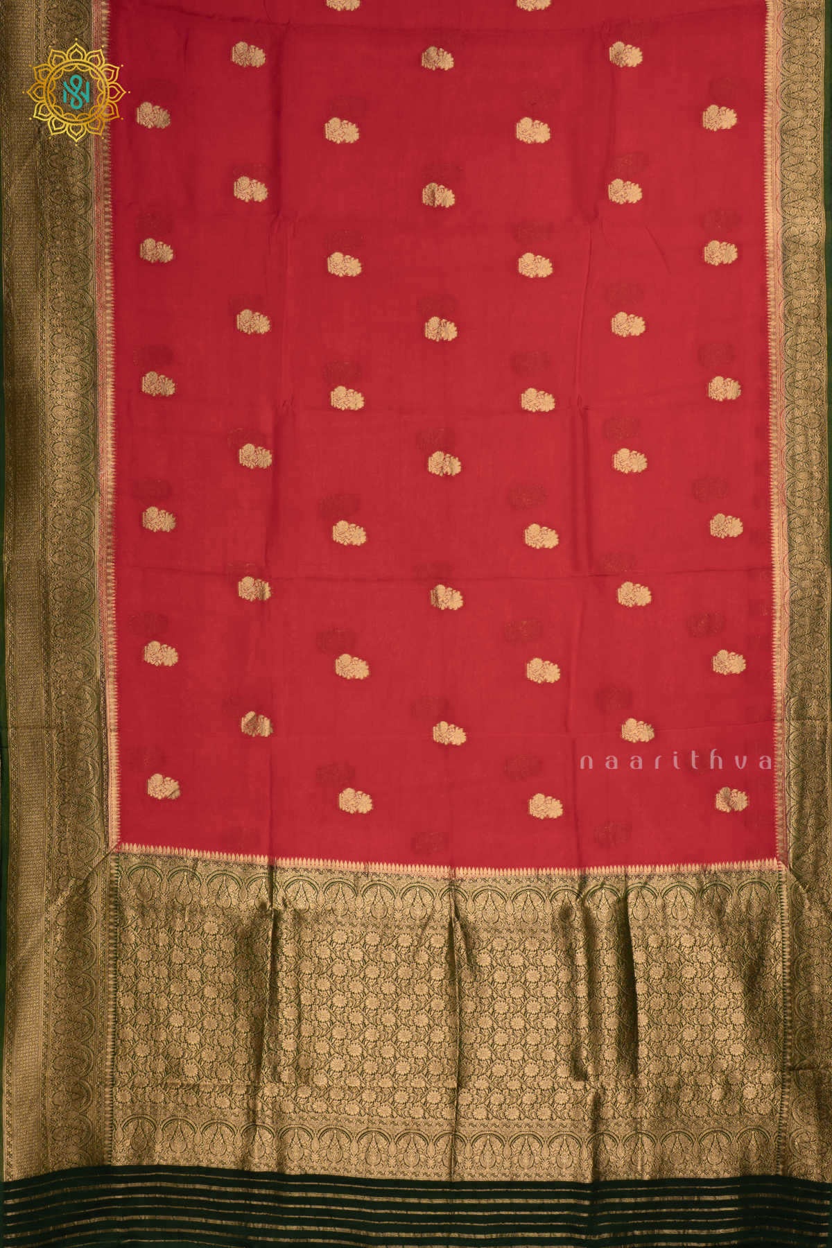 Red with Bottle Green Pure-Mix Banarasi Crepe Saree with All-Over Zari Buttas and a Contrast Zari Border