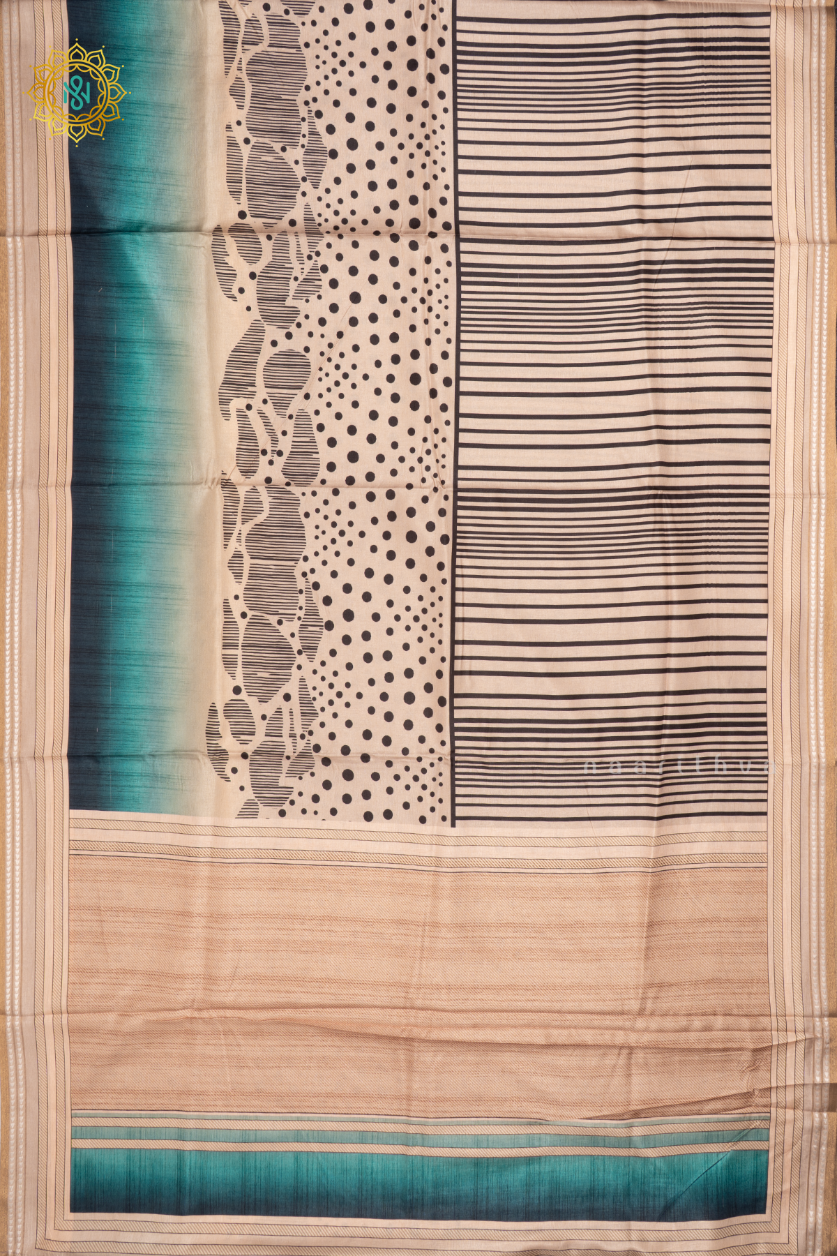 BEIGE WITH BLUE - SEMI CREPE SILK SAREE DIGITAL PRINTS AND ZARI WOVEN BORDER