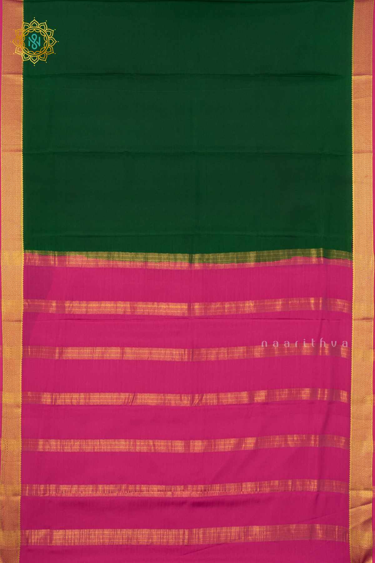 BOTTLE GREEN WITH PINK - PURE MYSORE CREPE SILK