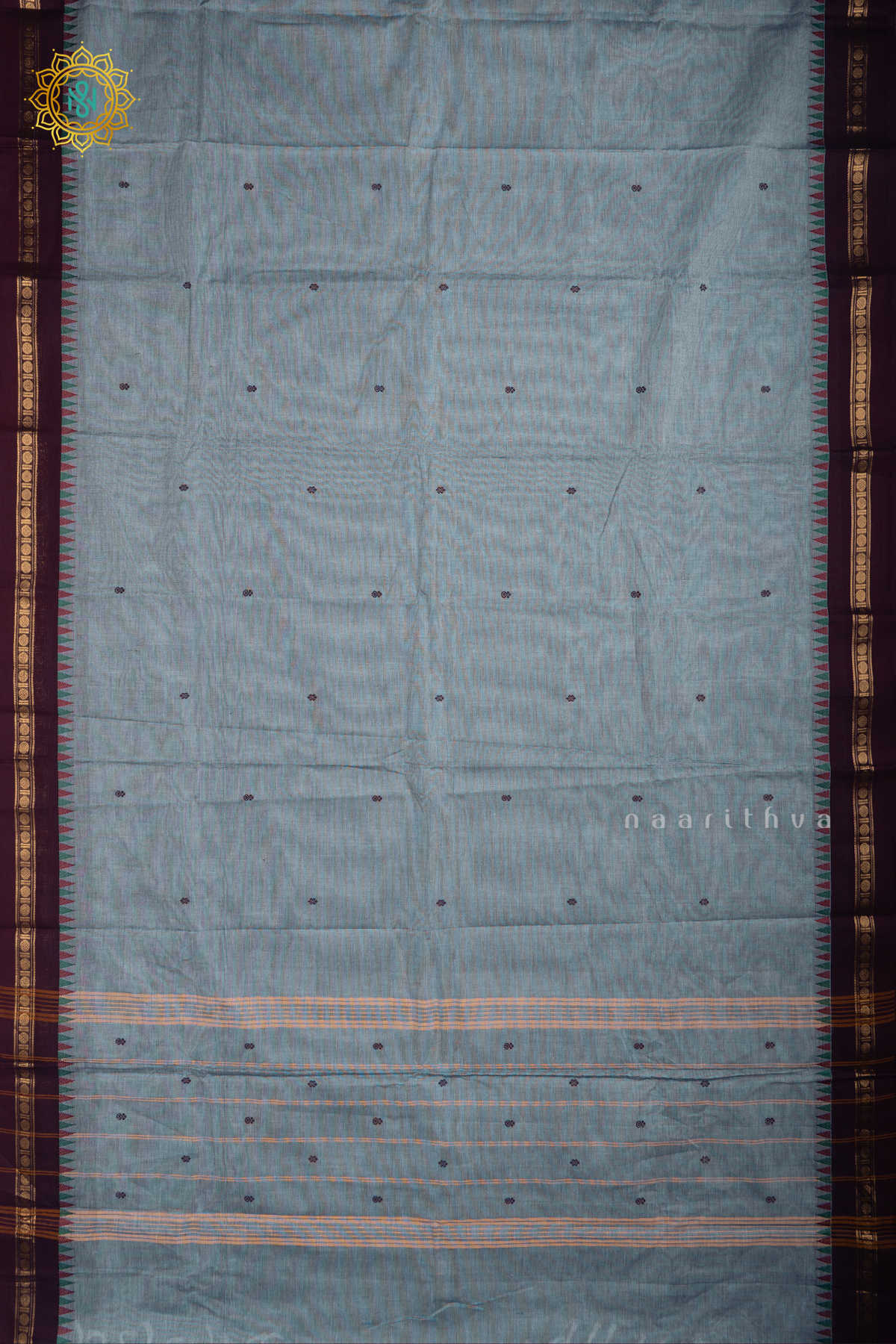Grey With Deep Wine Chettinad Cotton Saree With Thread Woven Buttas & Contrast Border