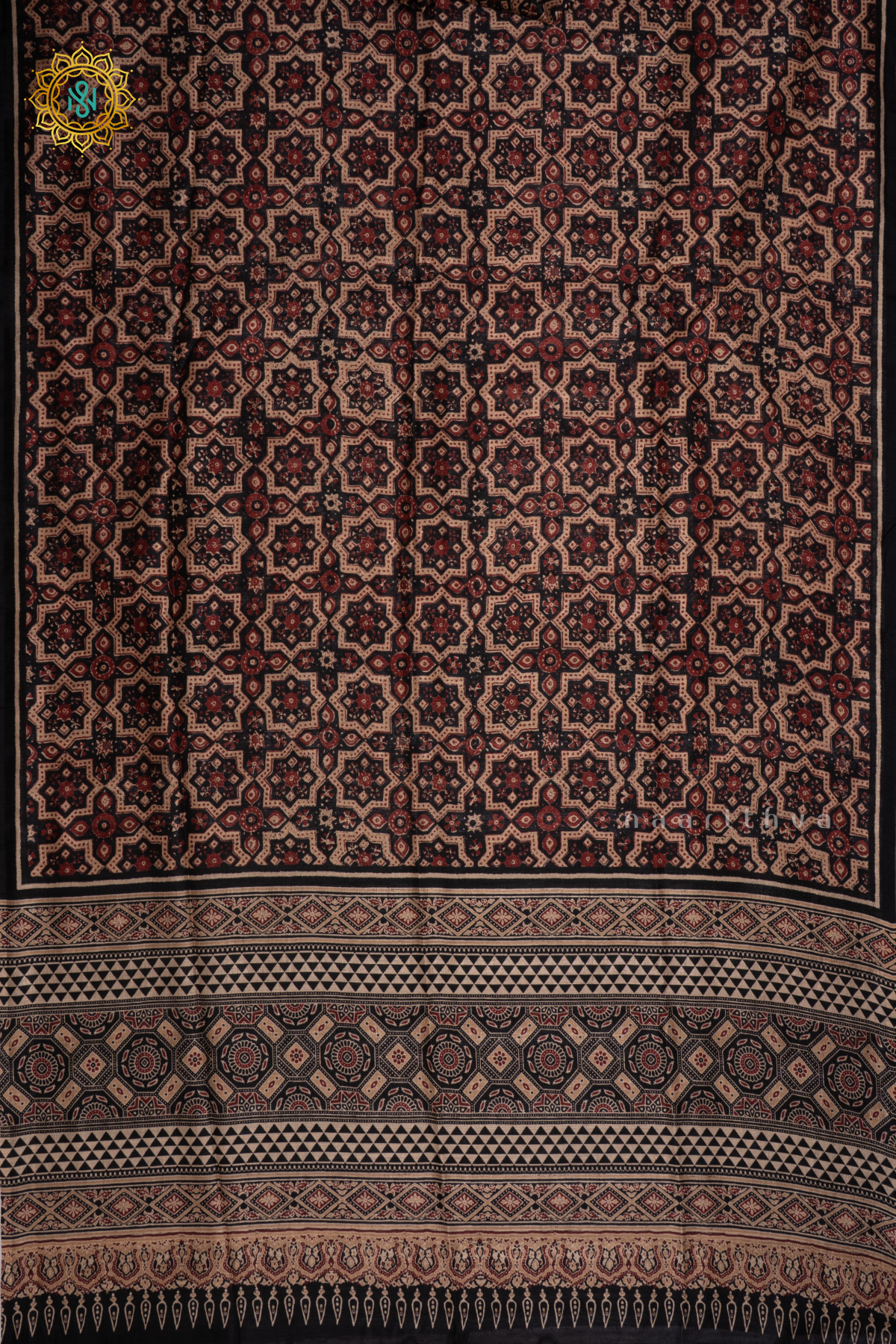 Black - Semi Gicha Tussar Saree Allover Ajrakh Printed Body With Pallu And Blouse