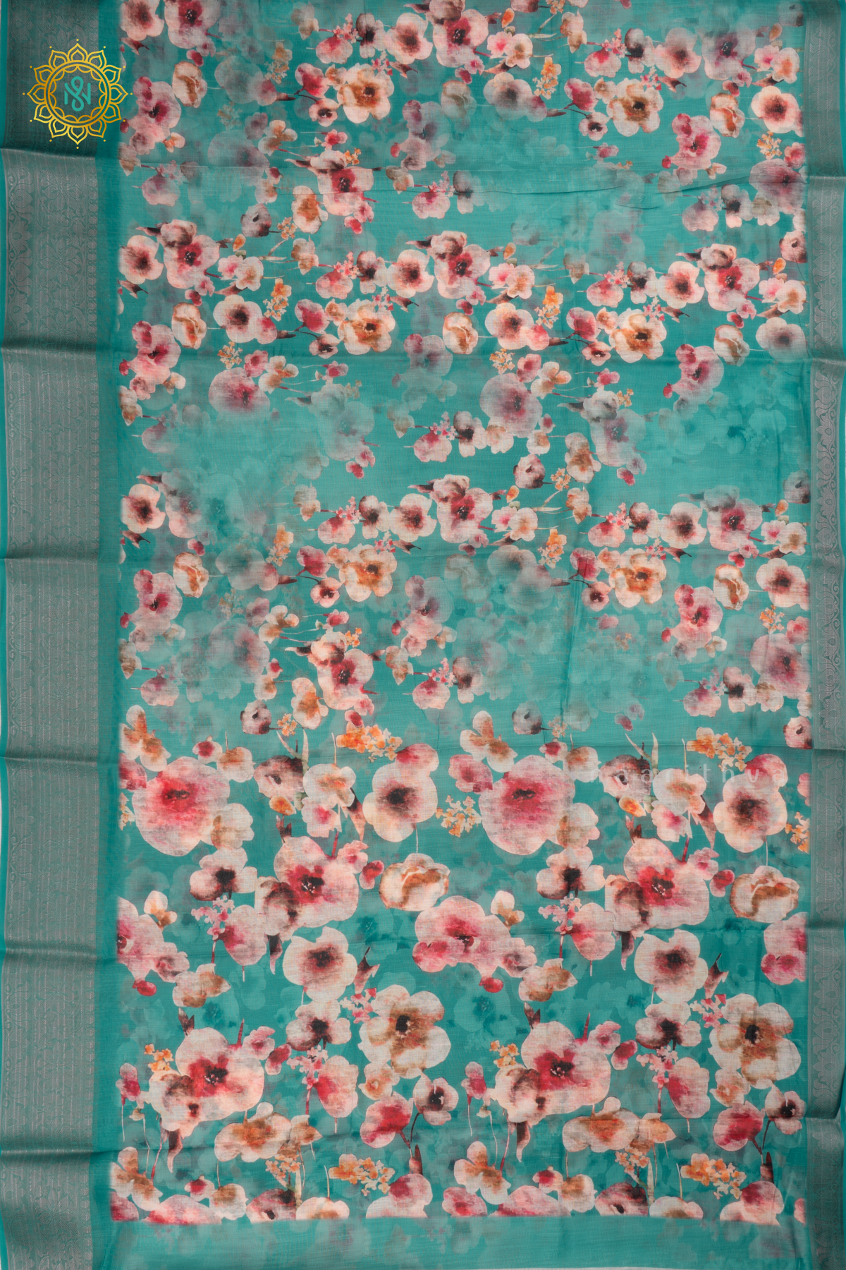 Aqua Blue Linen by Cotton Saree with Floral Printed Body and Zari Border