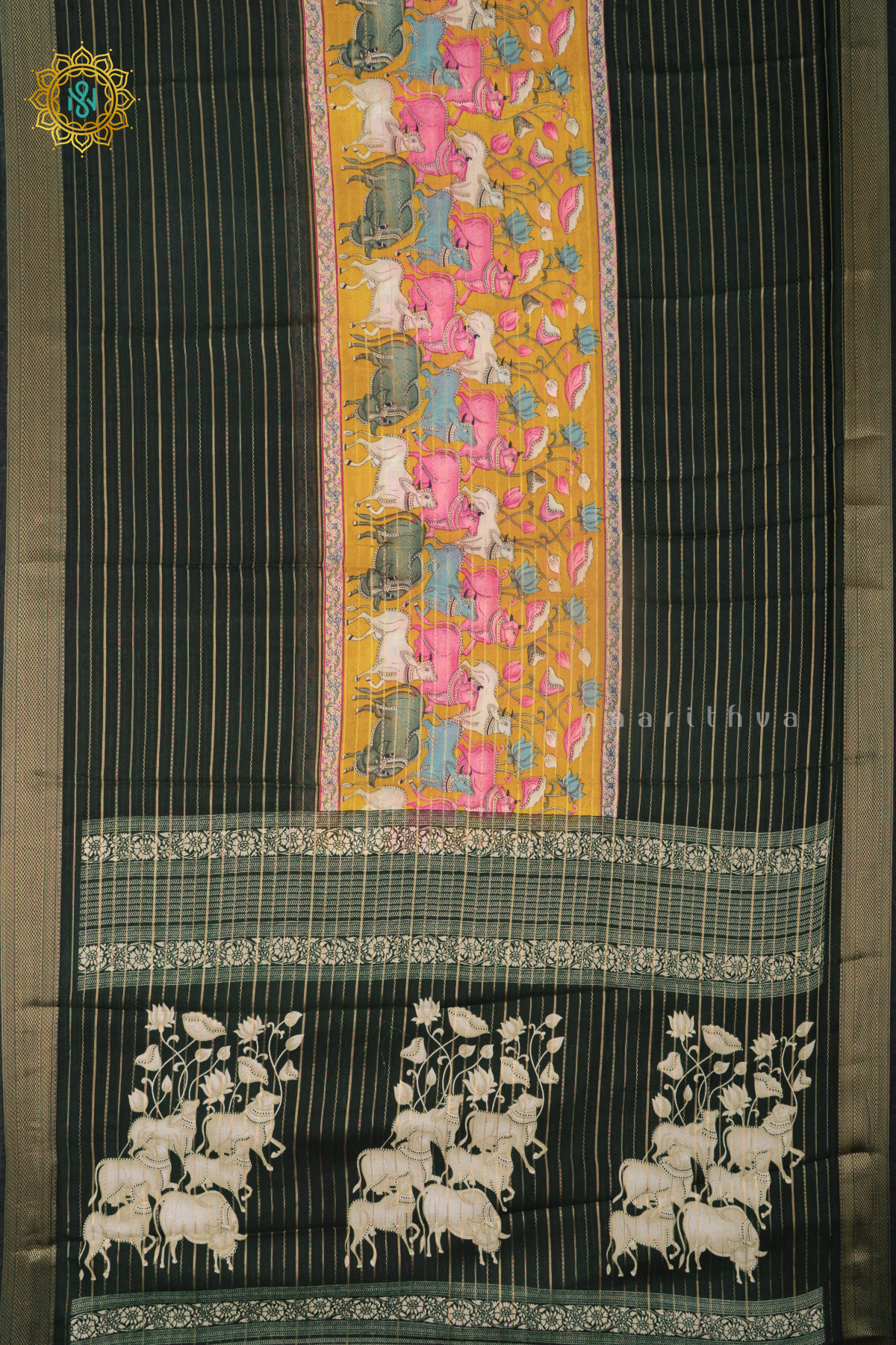 YELLOW WITH BOTTLE GREEN - SEMI GEORGETTE