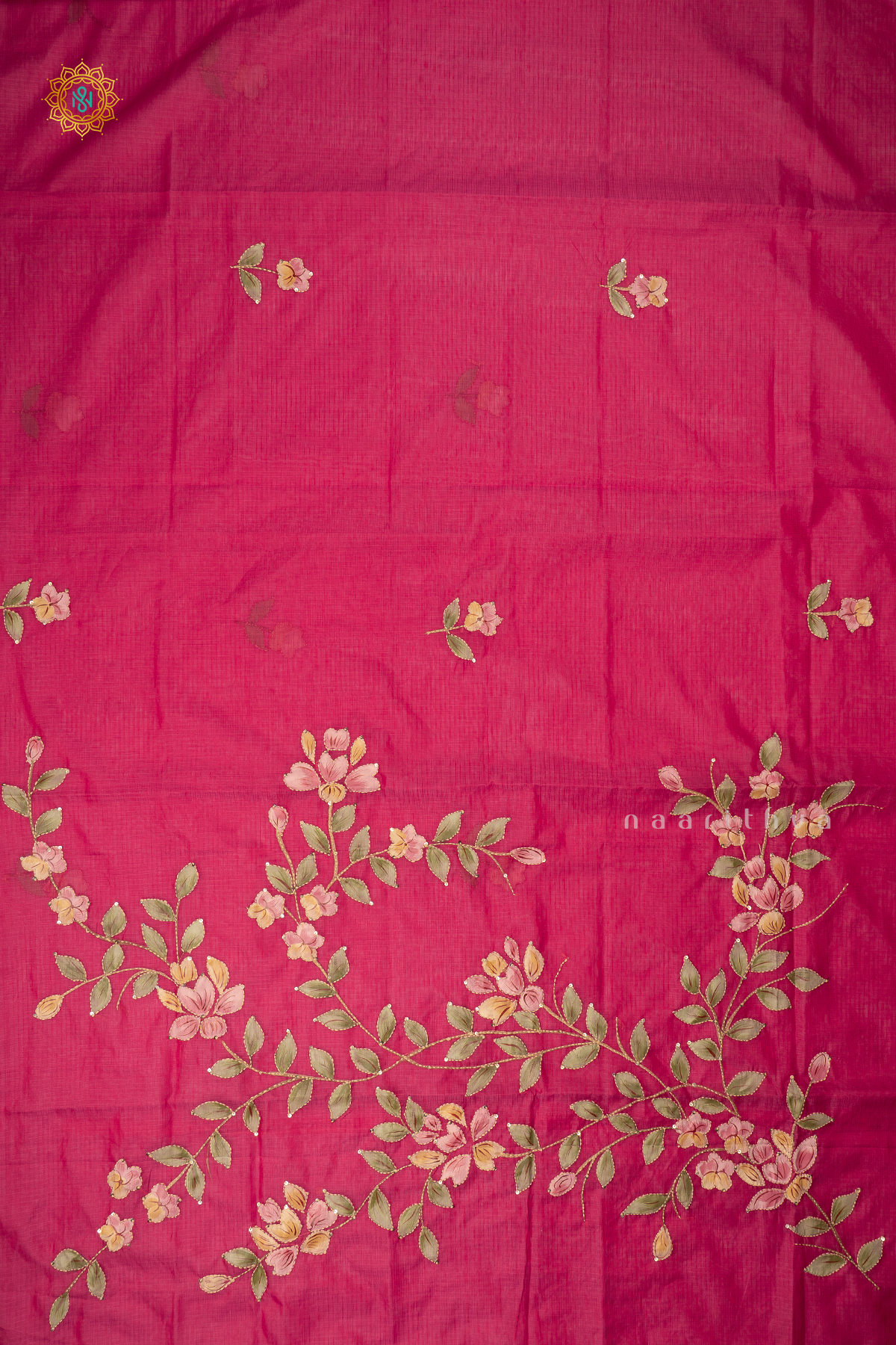 Pink Kota Organza With Hand-Painted And Katha Work On The Body
