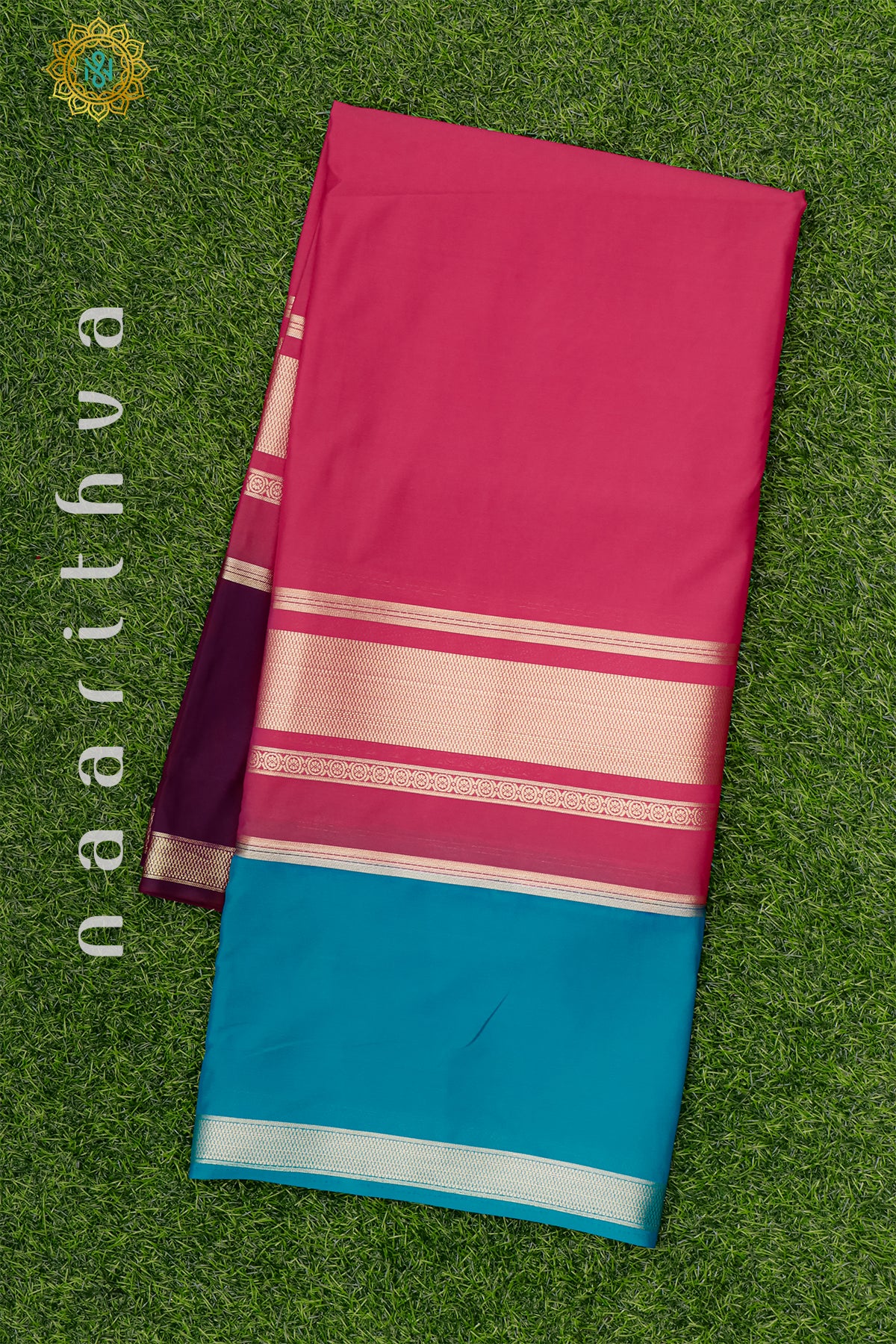 REDDISH PINK WITH DEEP WINE & SKY BLUE - SEMI MYSORE CREPE SILK