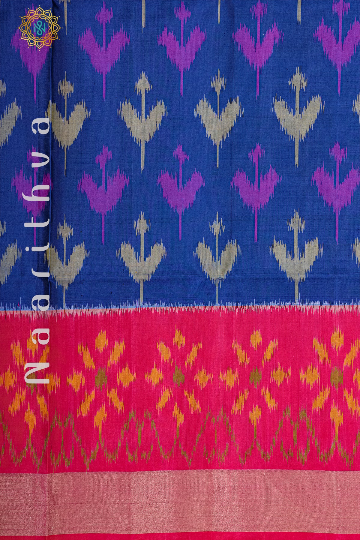 PEACOCK BLUE WITH PINK - PURE IKAT SOFT SILK