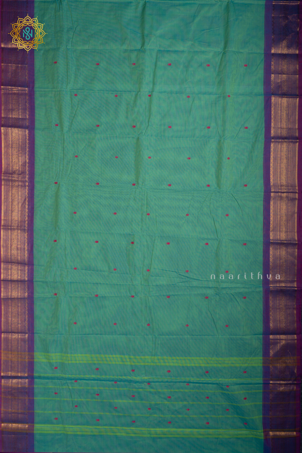 Aqua Green With Dual Shade Of Magenta Chettinad Cotton Saree With Thread Woven Buttas & Contrast Border