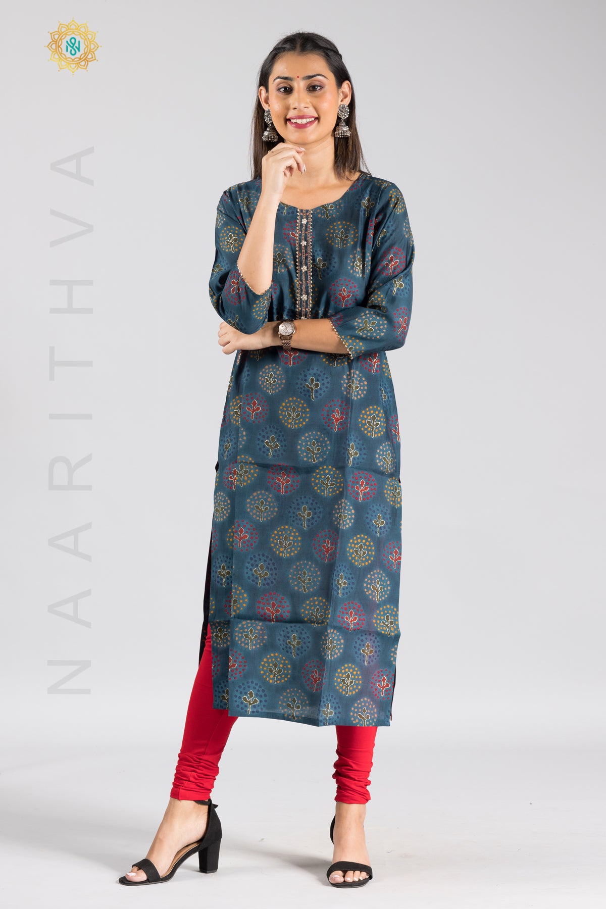 BLUE - MODAL SILK CASUAL PRINTED STRAIGHT CUT KURTI WITH NECK EMBROIDERY