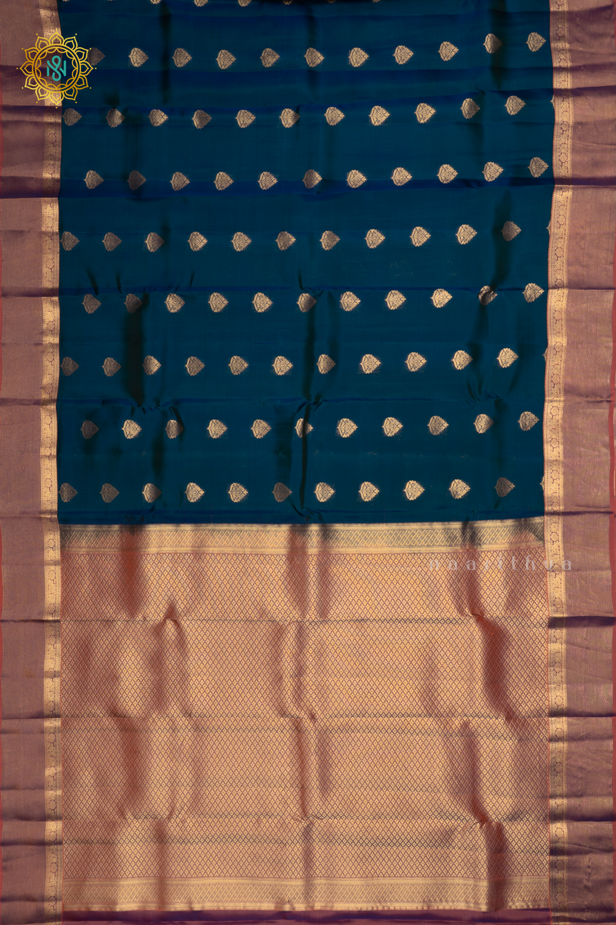Peacock Blue with Orange  Pure Mix Kanjivaram Silk Saree with Zari Woven Buttas and Contrast Zari Woven Border With Contrast Pallu & Blouse