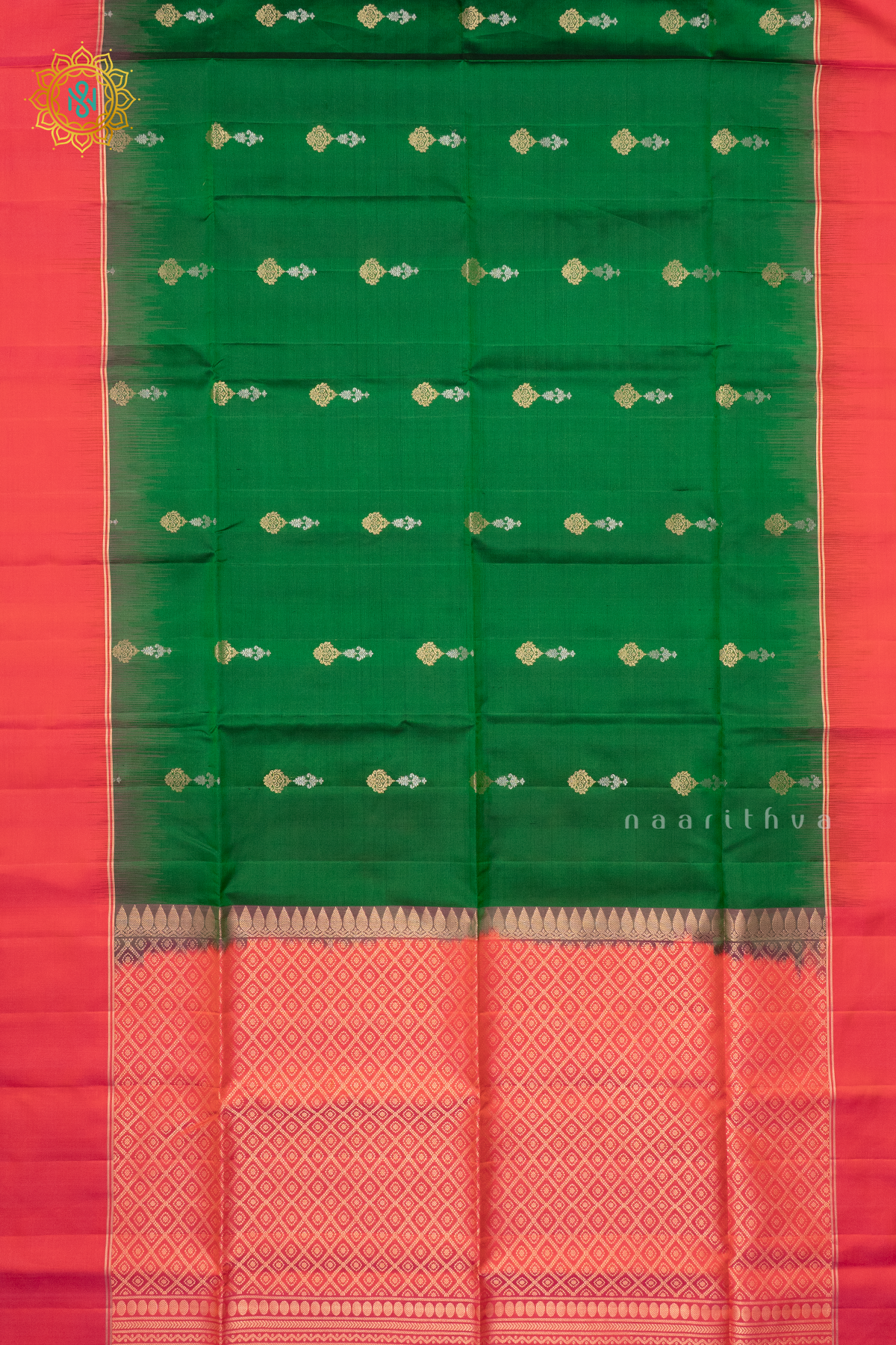 GREEN WITH DUAL SHADE OF PINK - PURE KANJIVARAM SOFT SILK