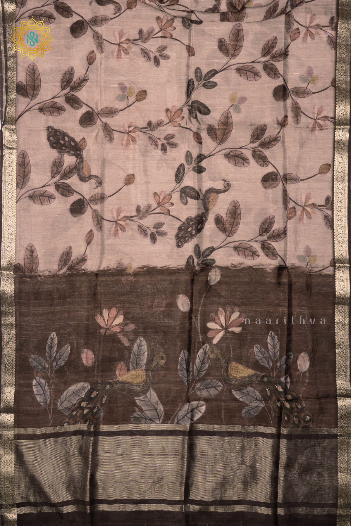 BEIGH WITH BROWN - SEMI CREPE SILK