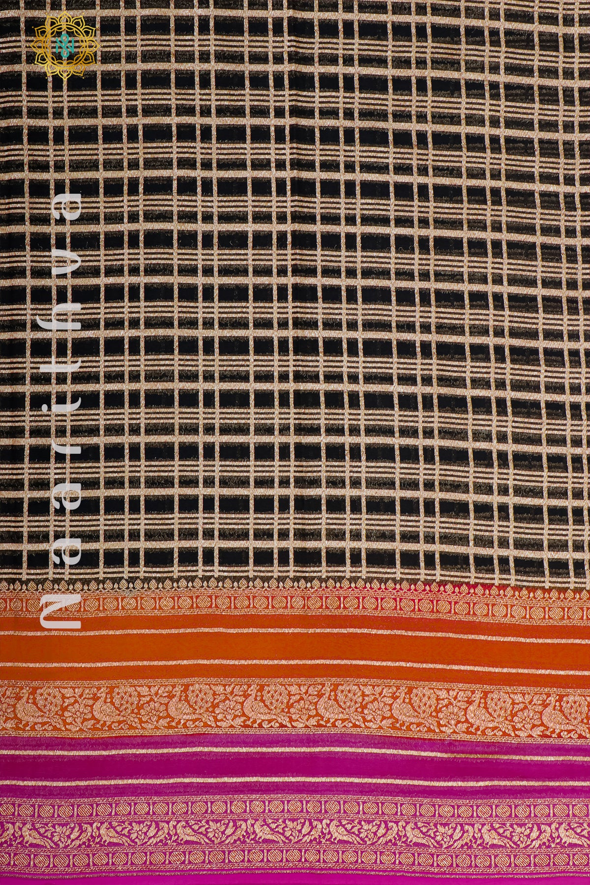 BLACK WITH ORANGE & PINK - PURE HANDLOOM KHADDI GEORGETTE