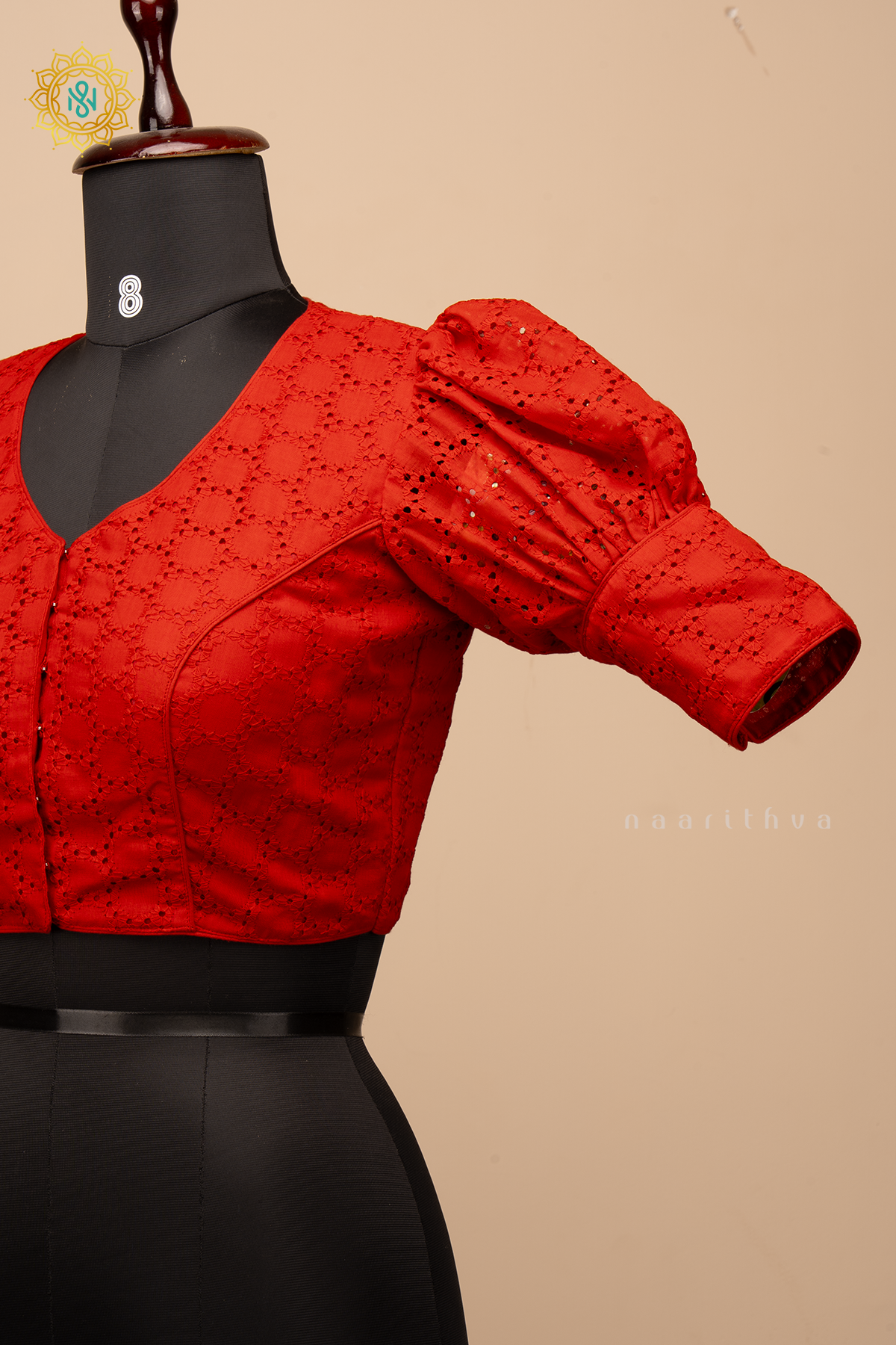 Red - Cotton readymade blouse with hakoba work and puff sleeves