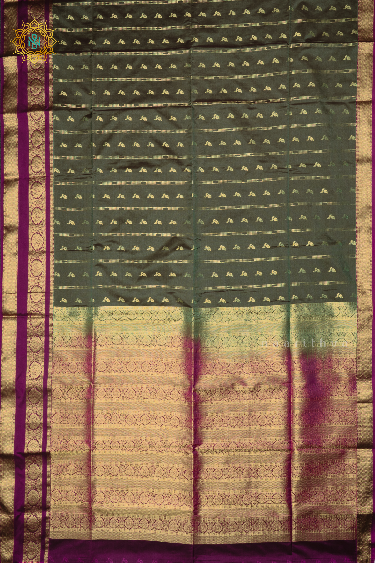 OLIVE GREEN WITH MAGENTA - SEMI KANCHI SAREE ALLOVER ZARI BUTTAS AND CONTRAST GAP BORDER