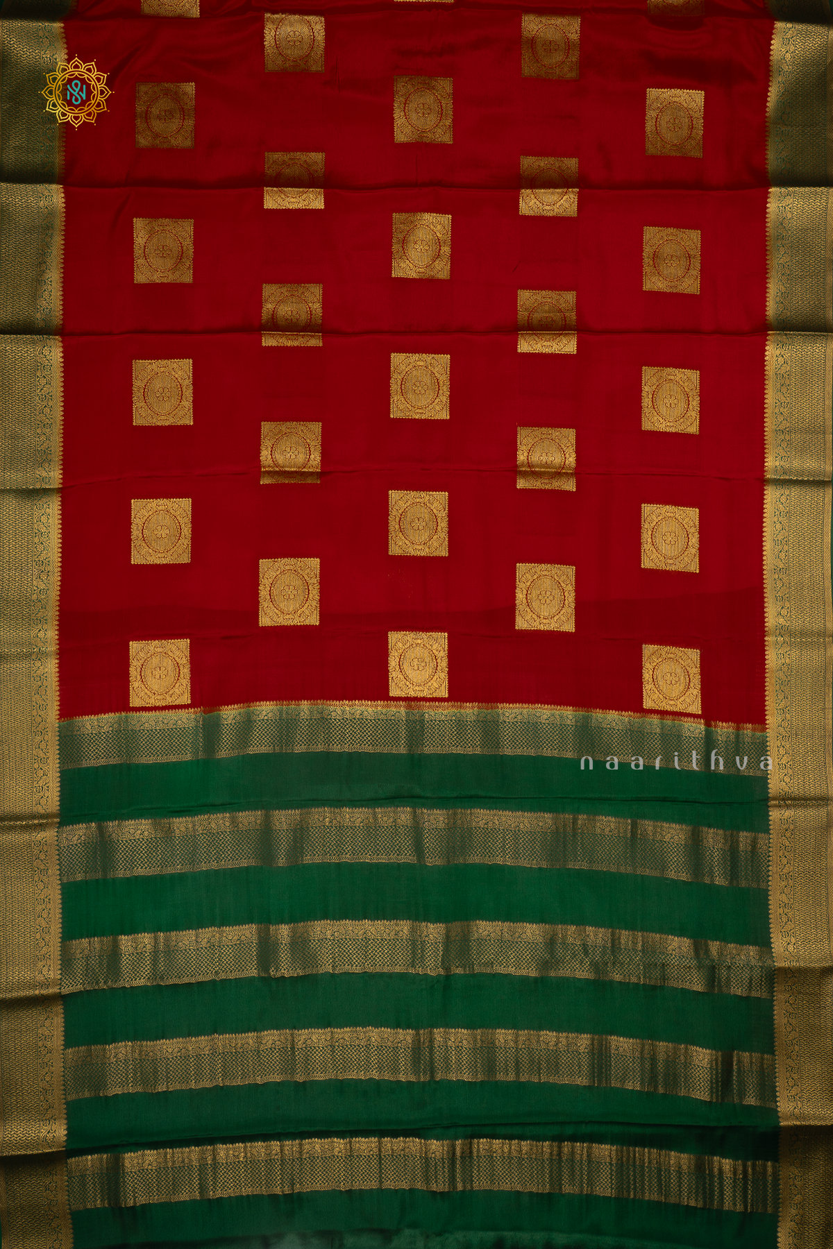 RED WITH BOTTLE GREEN - PURE MYSORE CREPE SILK
