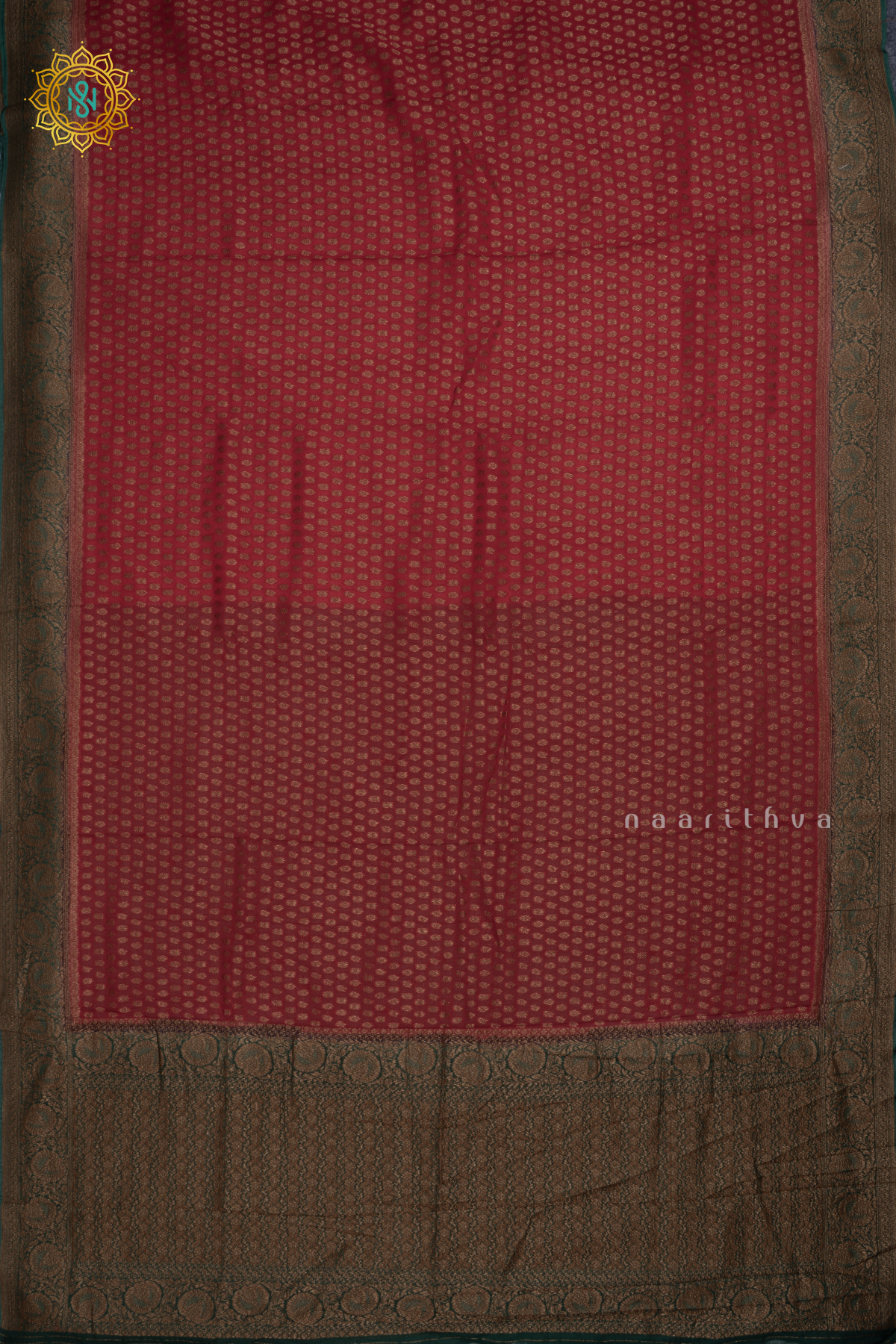 Red With Green Semi Banarasi Georgette Saree Allover Zari Buttas On The Body With Contrast Zari Border & Pallu